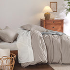 Bedsure 100% Washed Cotton Duvet Cover Full Size - Linen Grey Minimalist Cotton Duvet Cover Linen Like - 3 Pieces Gentlesoft™ Plain Simple Bedding Set With 2 Pillow Shams (Linen Grey, Full, 80'X90')