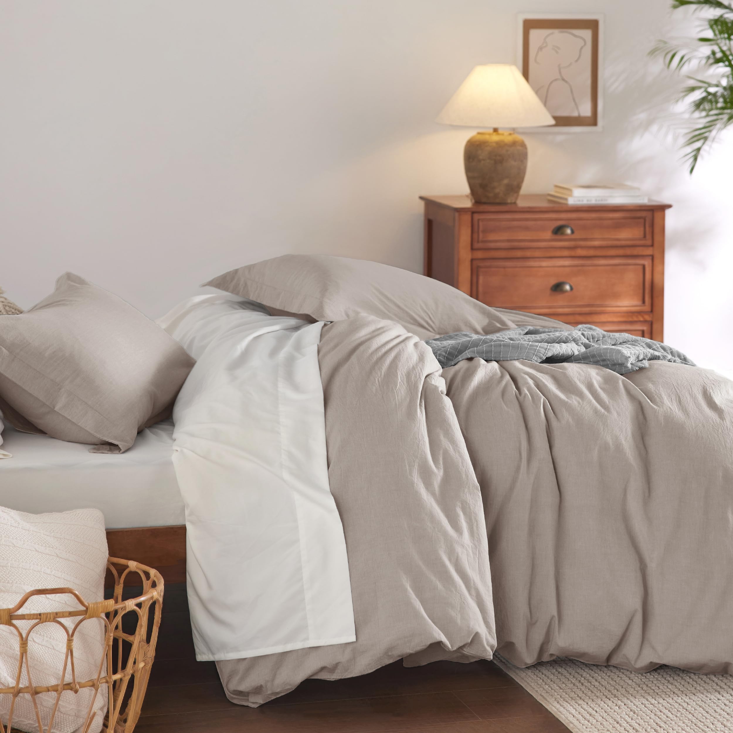 Bedsure 100% Washed Cotton Duvet Cover Full Size - Linen Grey Minimalist Cotton Duvet Cover Linen Like - 3 Pieces Gentlesoft™ Plain Simple Bedding Set With 2 Pillow Shams (Linen Grey, Full, 80'X90')