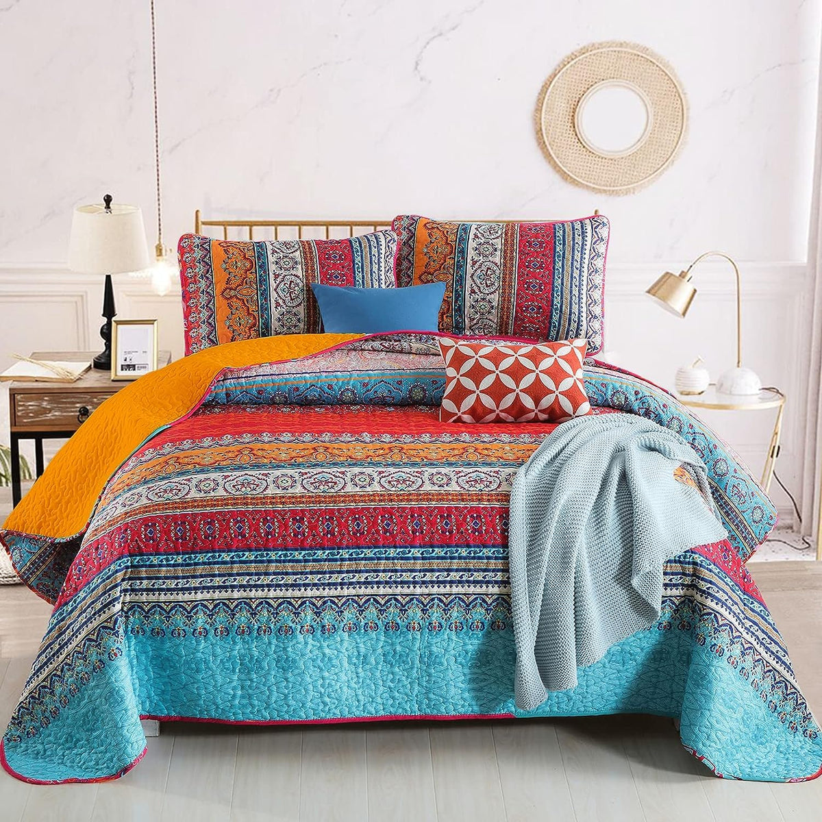 Wongs Bedding Boho Quilt Set Full Size, Bohemian Orange And Blue Stripe 3 Pieces Bedspread Set Lightweight Microfiber All Season