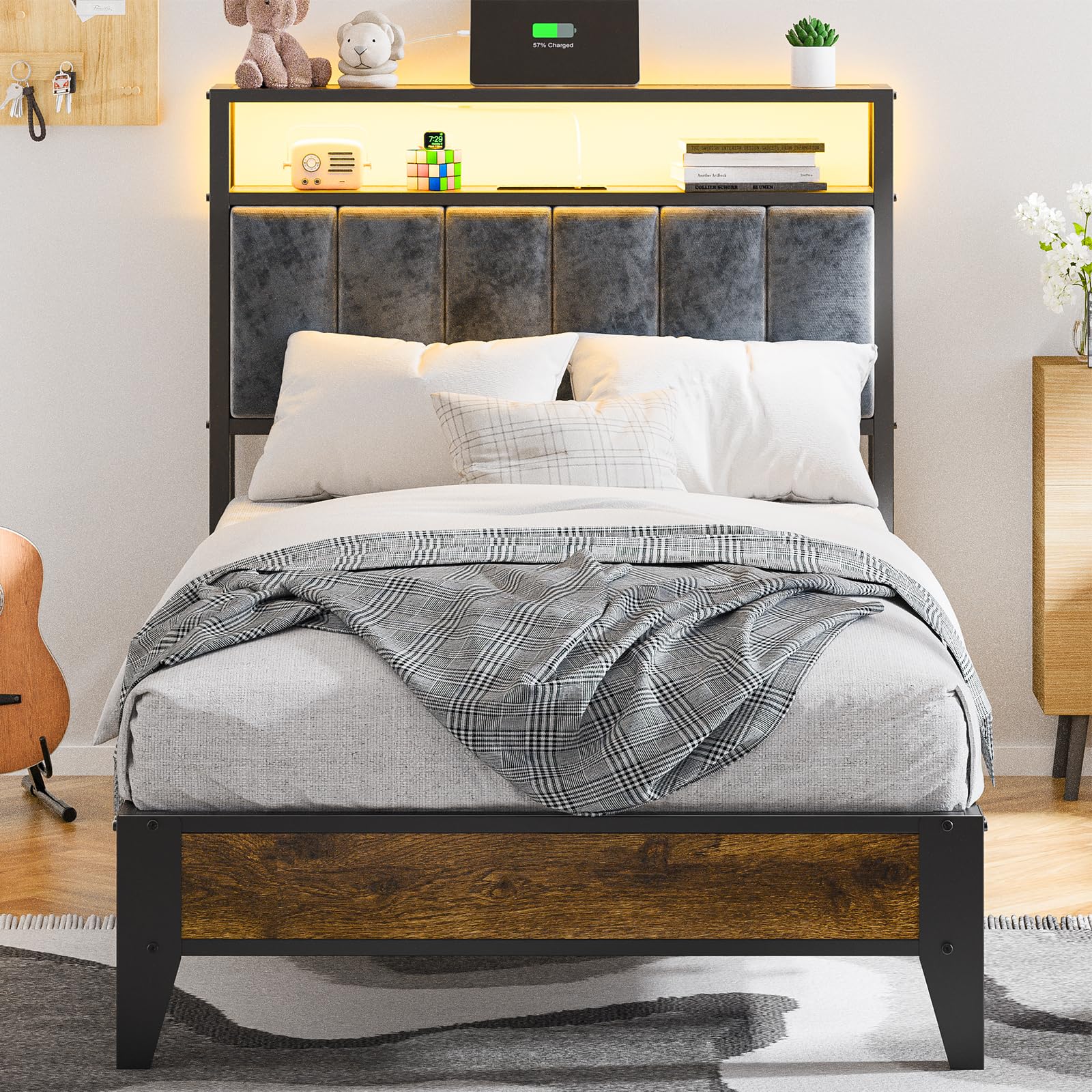 OLEVS Twin Bed Frame with LED Light Storage Headboard and Charging Station Type C, Metal Platform Bed Twin Size,No Box Spring Ne