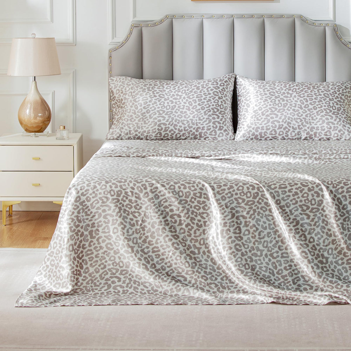 Freshculture Satin Sheets King Size, Silky Soft Satin Bed Sheets, 4 Psc Leapord Satin Sheets With Deep Pocket, Similar To Silk S