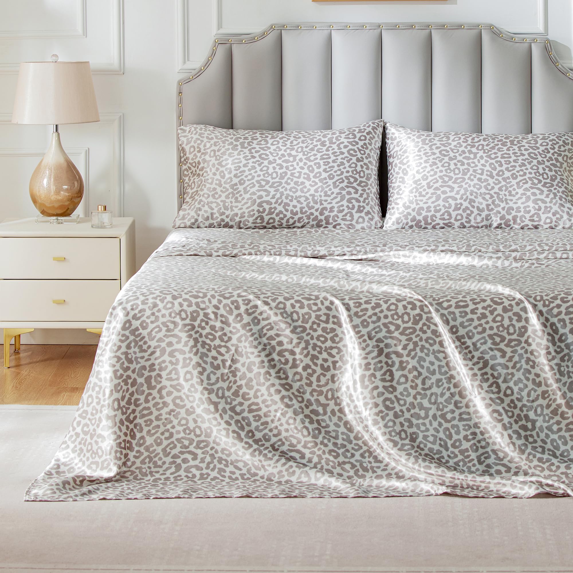 Freshculture Satin Sheets King Size, Silky Soft Satin Bed Sheets, 4 Psc Leapord Satin Sheets With Deep Pocket, Similar To Silk S