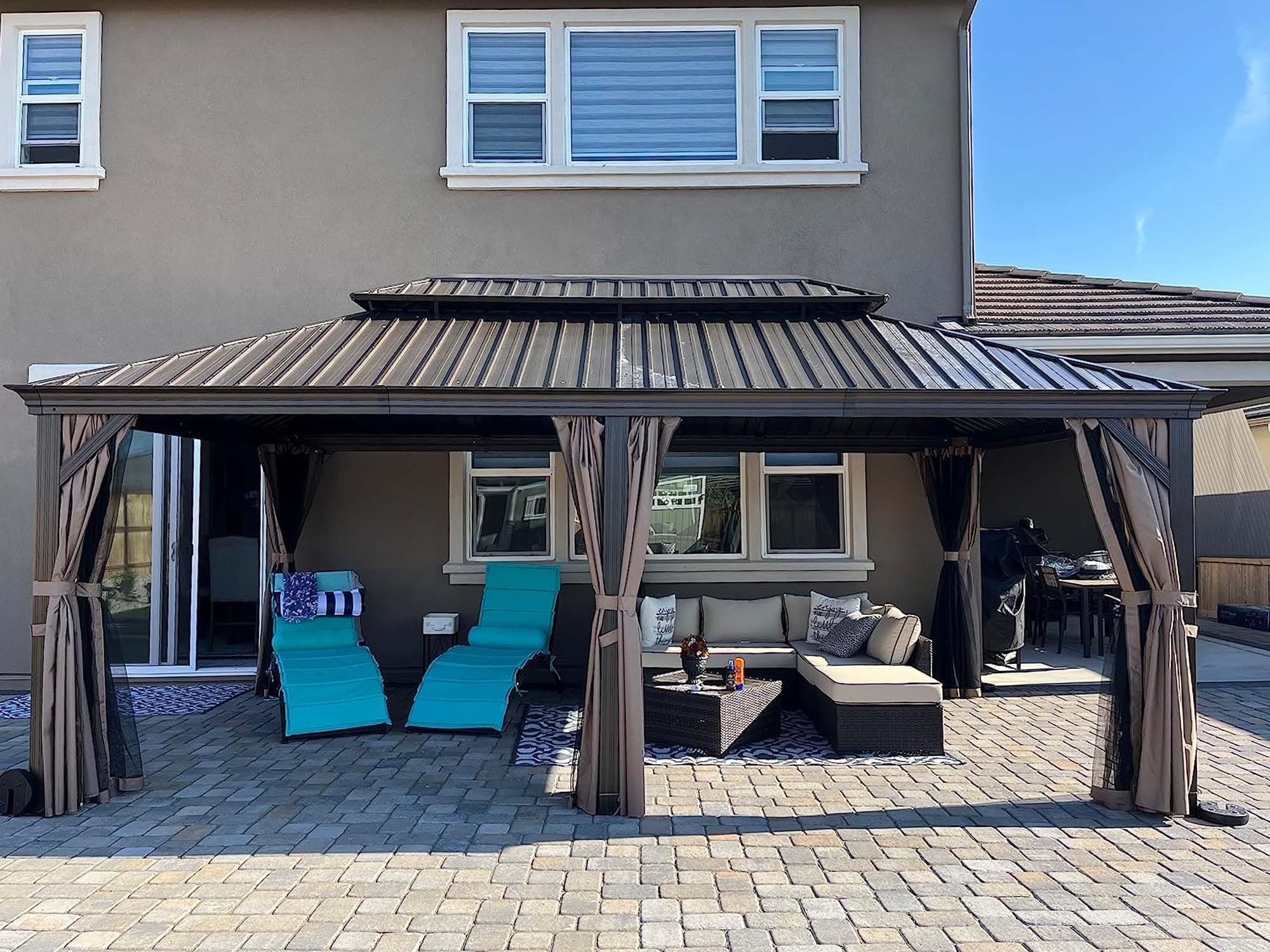 Domi Outdoor Living 14X20Ft Hardtop Gazebo, Permanent Metal Gazebo With Galvanized Steel Double Roof And Aluminum Frame, Curtain