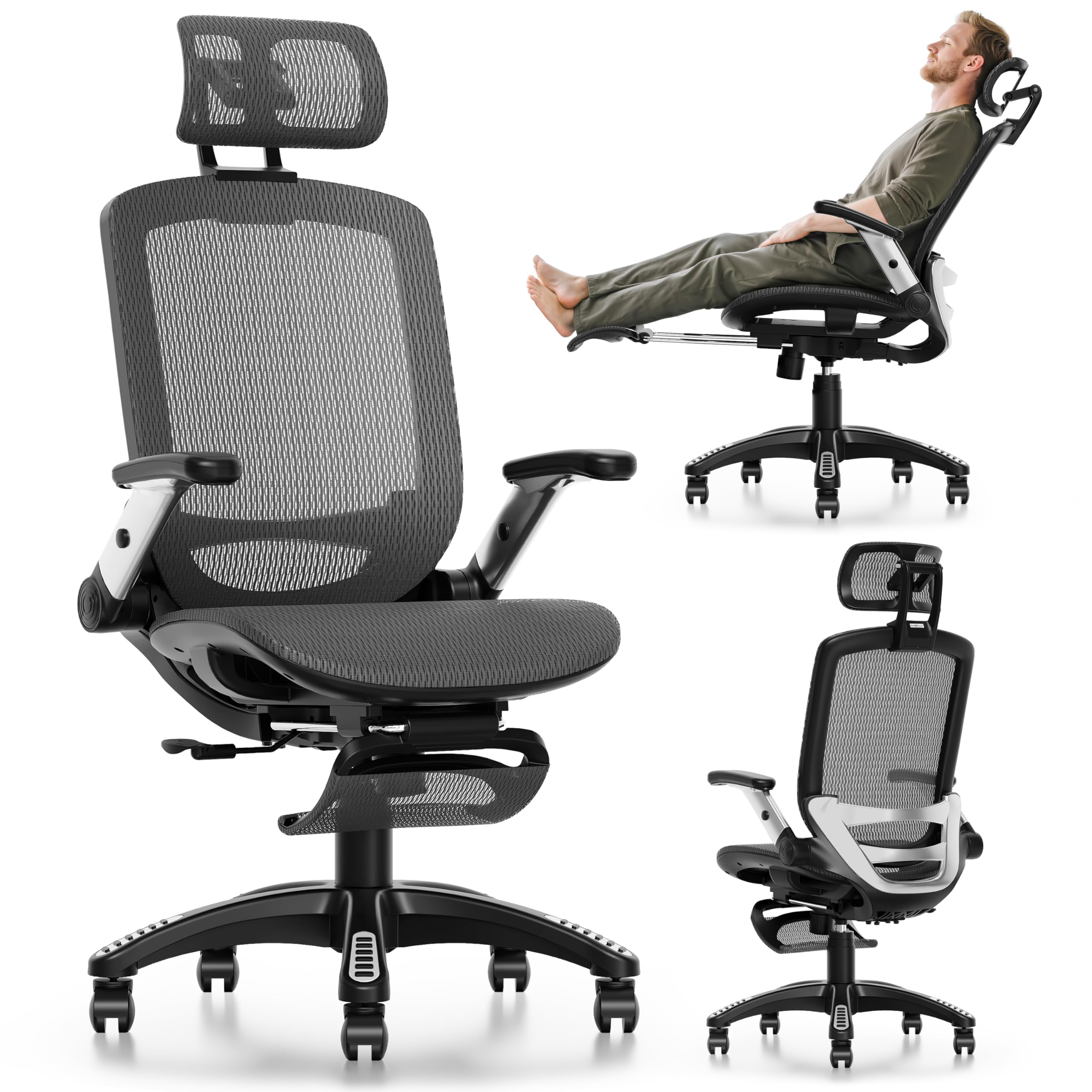 GABRYLLY Ergonomic Office Chair with Footrest, High Back Home Desk Chair - 3D Headrest, Flip-Up Arms, 135 Tilt and Wide Cushion,