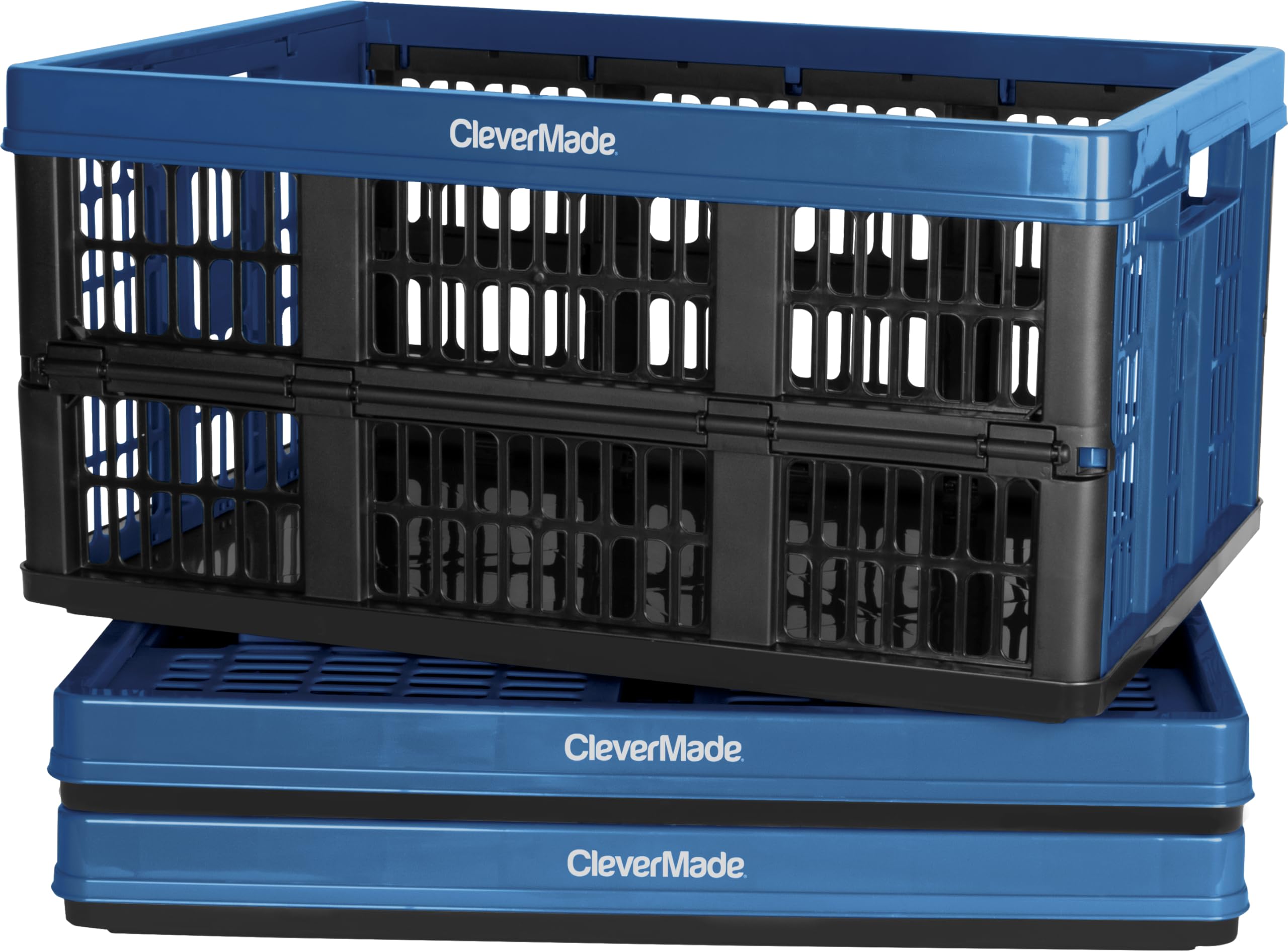CleverMade Collapsible Utility Crate, Ocean, 3PK - 45L (11 Gal) Collapsible Storage Bins, Holds 66lbs Per Bin - Plastic Stackabl
