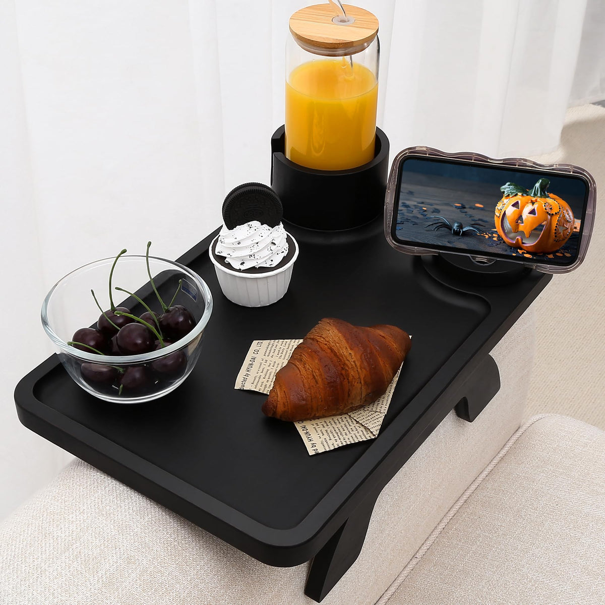 Nnewvante Couch Cup Holder,3 in 1 Large 15.36''x9.85'' Bamboo Couch Arm Table Sofa Arm Clip on Tray with 360Rotated Phone/Drink 
