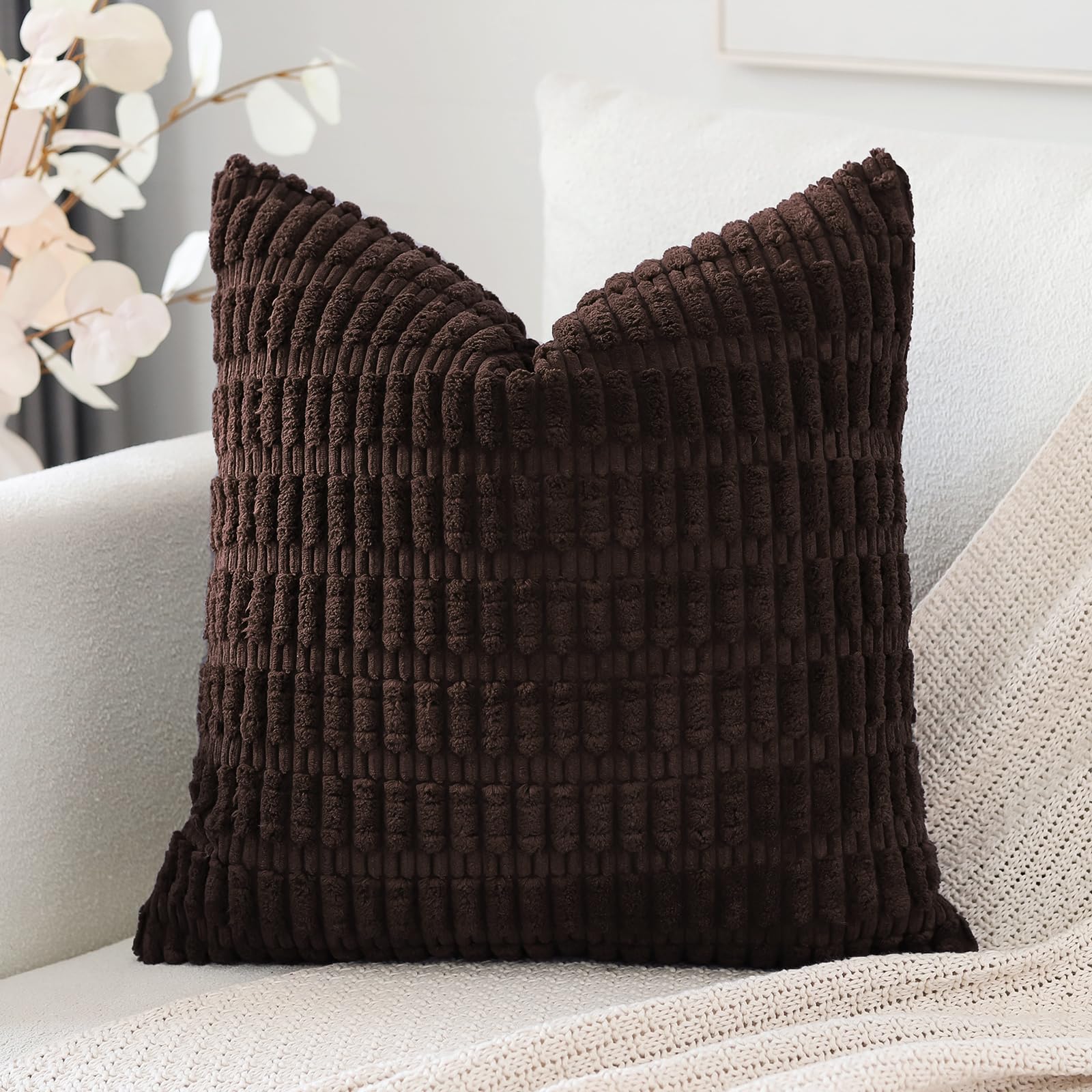 Otostar Corduroy Decorative Throw Pillow Covers 20X20 Inch Super Soft Boho Striped Square Pillow Covers Case Modern Cushion Covers For Sofa Couch Bedroom Car Decor Dark Brown
