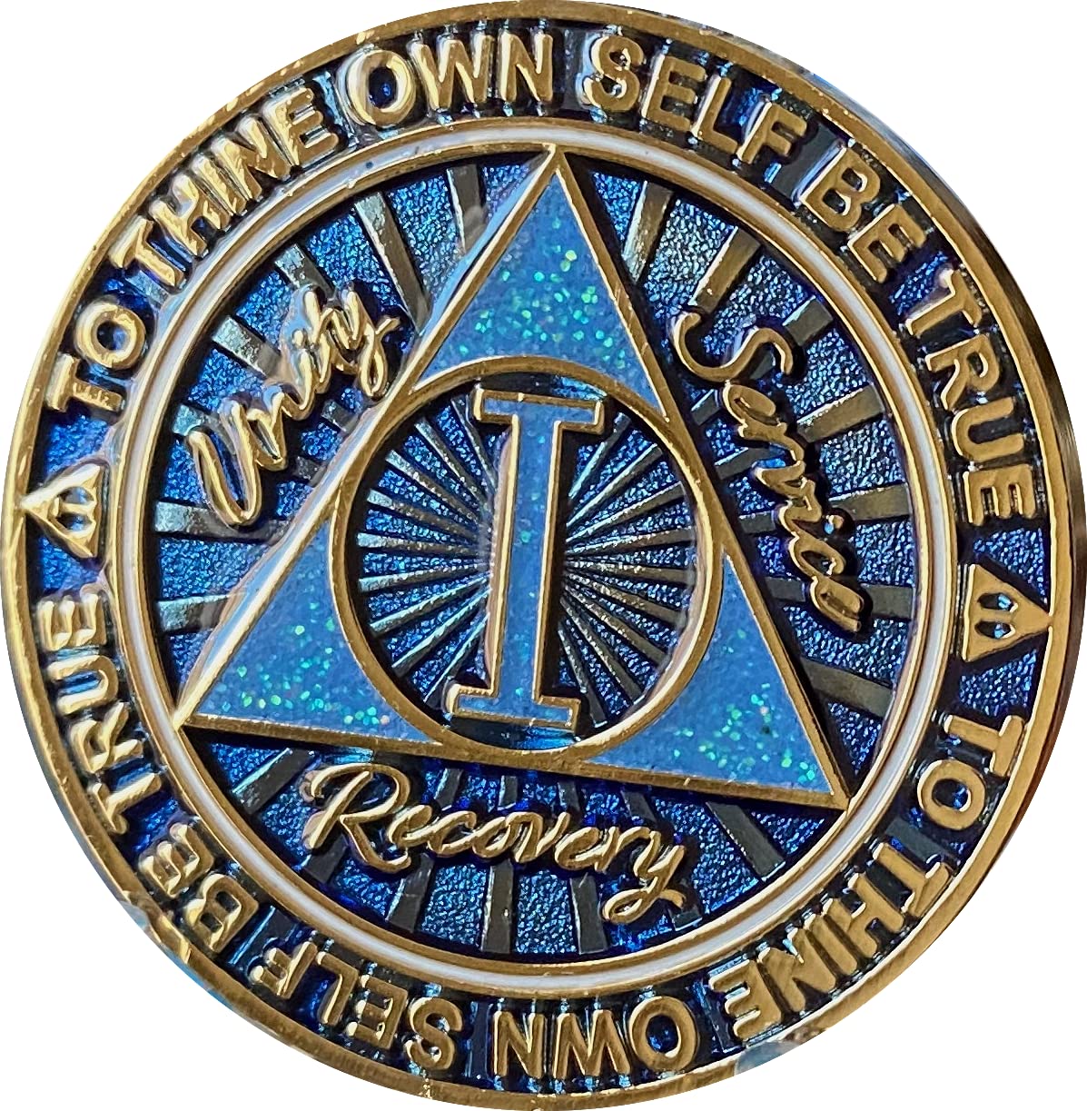 1 Year Aa Medallion Cosmic Blue Glitter Gold Plated Chip