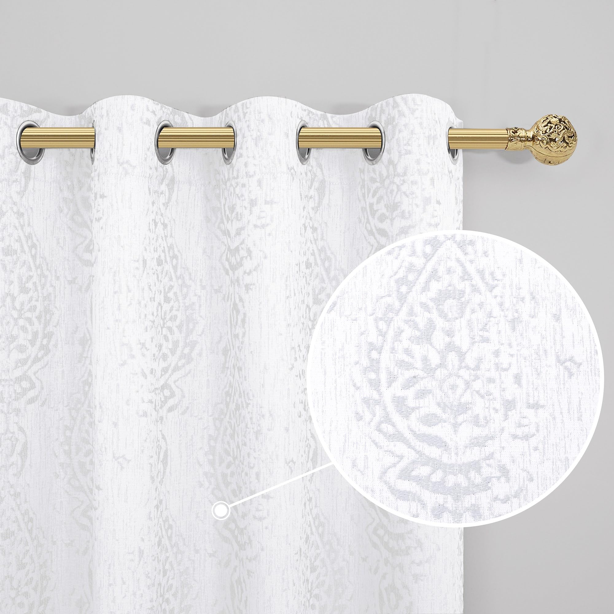 Mrs.Naturall White Damask Moroccan Pattern 3D Jacquard Embossed Embroidered Curtains 63 Inches Long For Bedroom Living Room 2 Panels Set