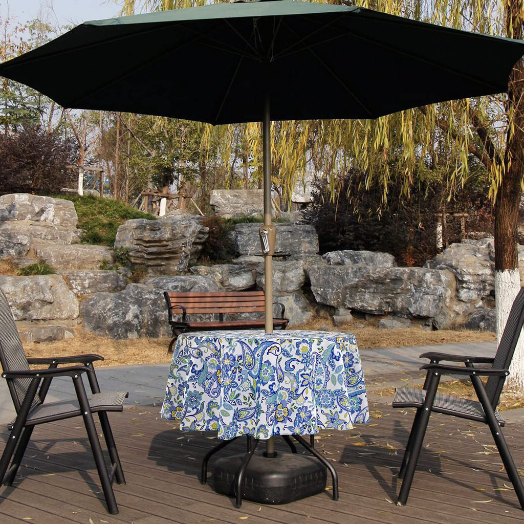 Umineux Outdoor Tablecloth With Umbrella Hole And Zipper, Spring/Summer Waterproof Table Cover For Picnic/Bbq/Garden(60' Round Navy&Green)