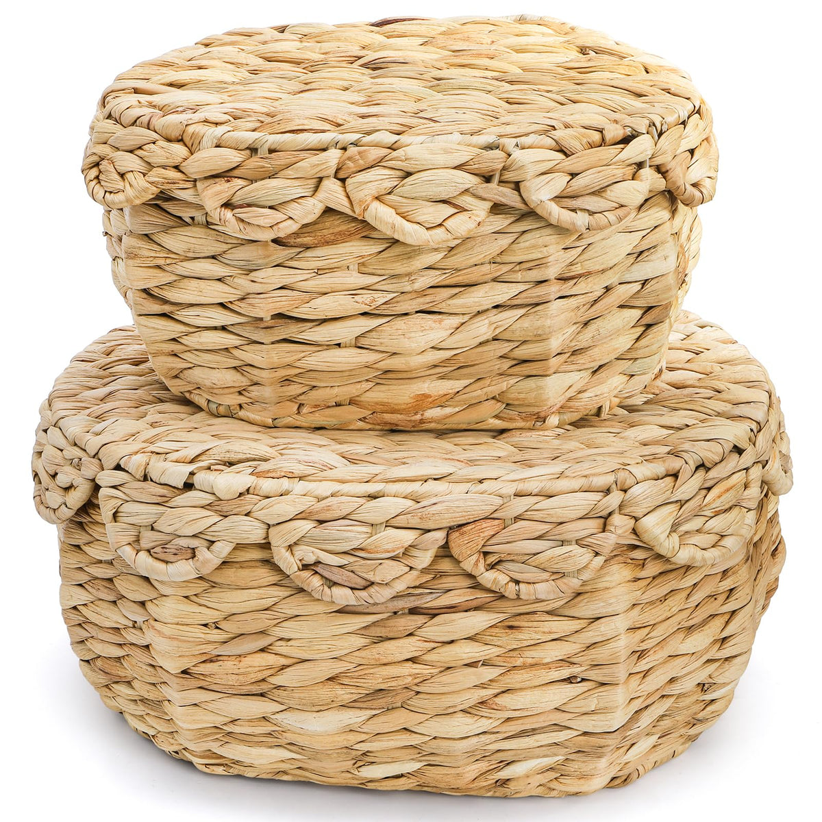 Eorbow 2 Pack Wicker Storage Basket with Lid, Scalloped Edge Rattan Decorative Boxes, Handwoven Bins for Shelf, Hyacinth Display