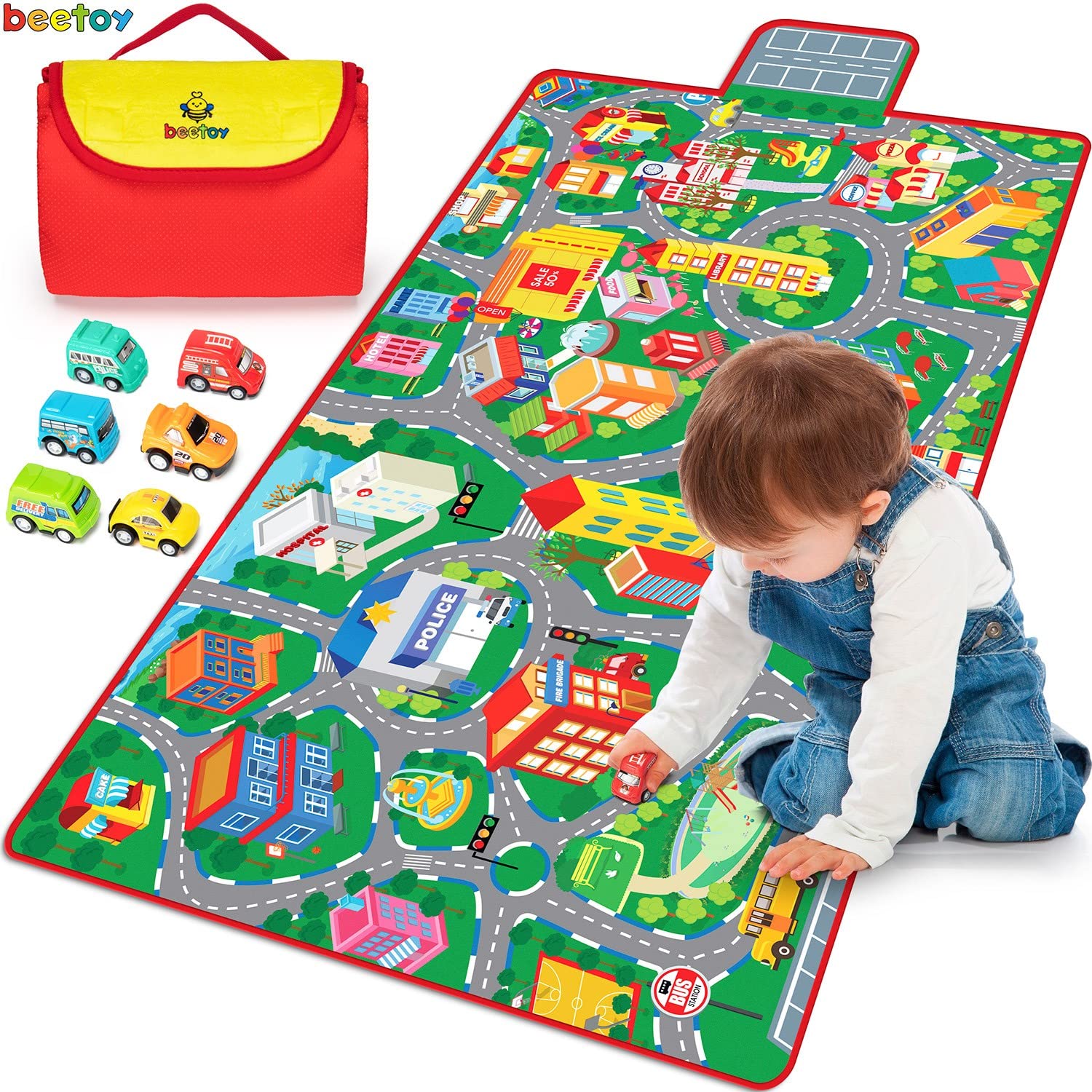 beetoy Car Rug Play Mat, 31.5X67 Car Mat Toy Car Mat with Roads for Kids Car Play Mats Car Rug Portable Anti-Slip City Life Educ