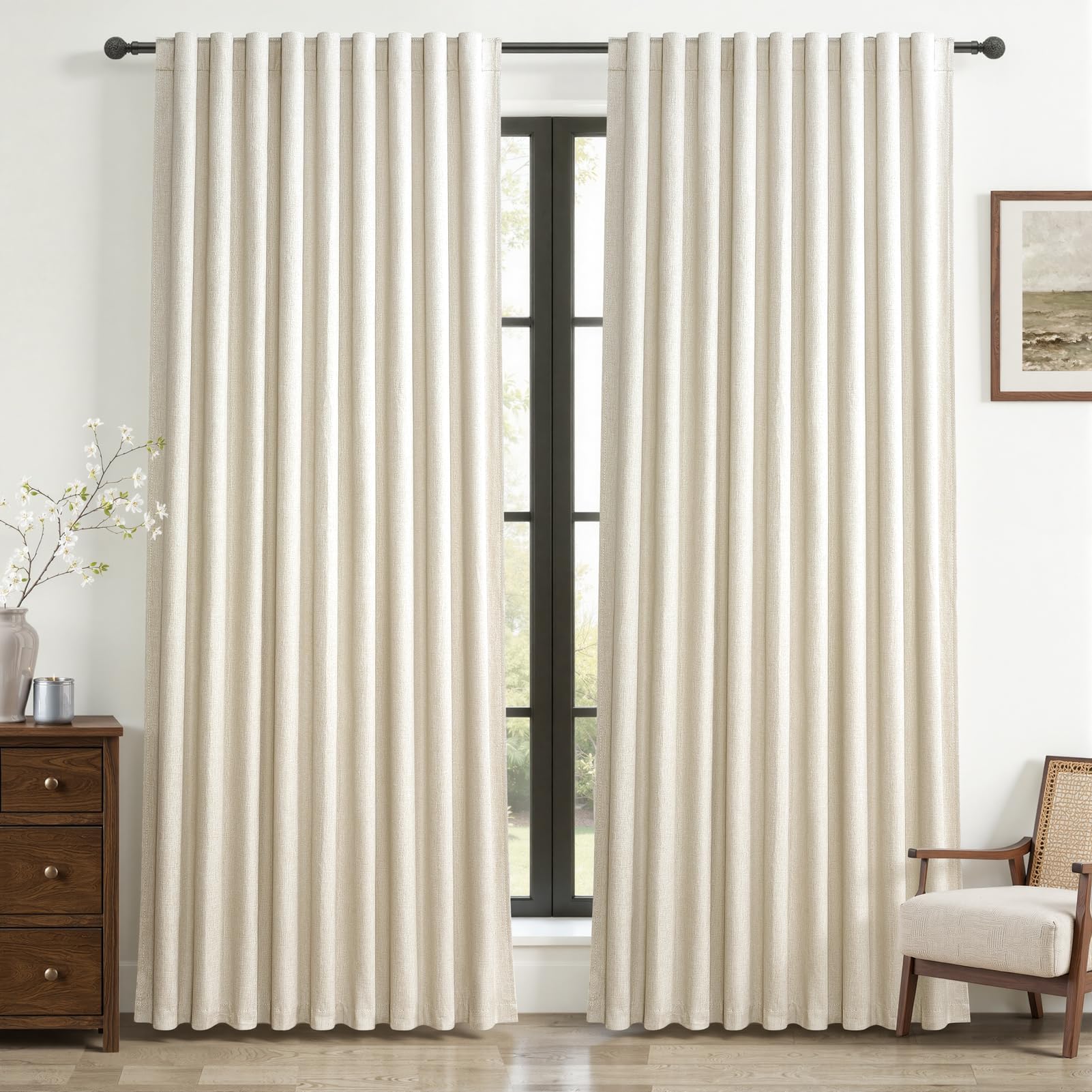 Warm Cream Blackout Curtains 60 Inches Extra Wide Linen 90 Inch Length for Living Room,Pleated Farmhouse Bedroom Thermal Drapes 