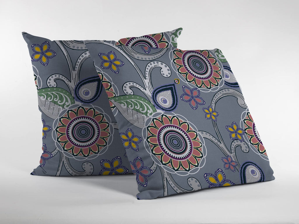 HomeRoots Red, Orange, Blue, Green On Gray 16â€ Gray Pink Floral Suede Throw Pillow