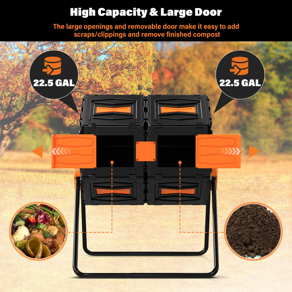 Compost Tumbler, Easy Assemble & Efficient Outdoor Compost Bin, 45 Gallon/170 Liter Large Dual Chamber Rotating Composter For Ga
