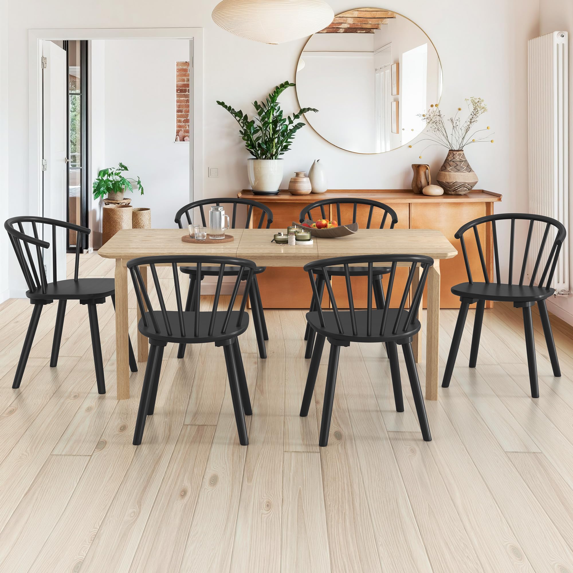 Lue Bona Black Dining Chairs Set Of 6, Farmhouse Wood Dining Chairs With Semicircular Backrest, Spindle Dining Chair For Kitchen