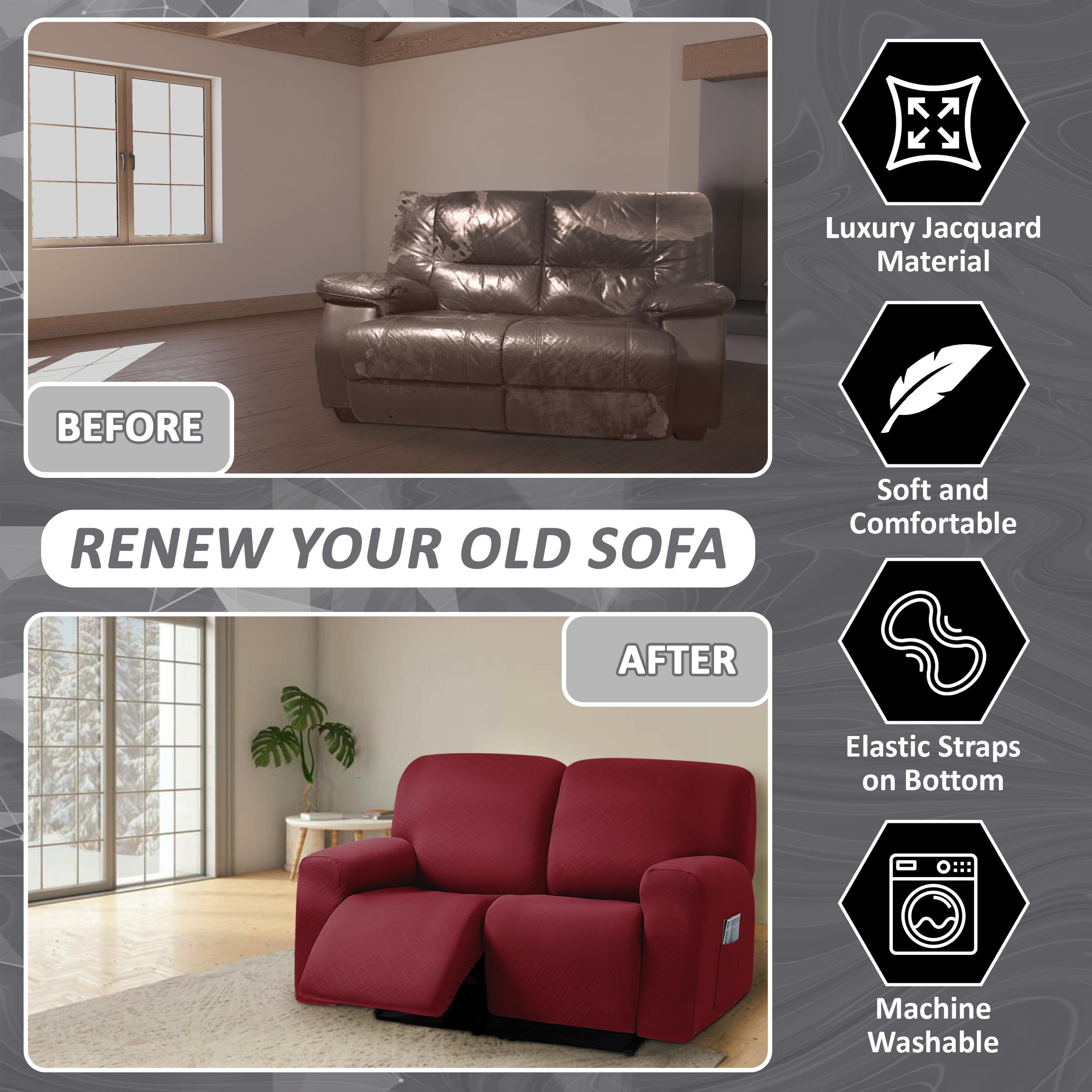 Ulticor Squared Jacquard Design, Reclining Loveseat Slipcover, 48'' - 65'' L, 2 Seat 6-Piece Loveseat Recliner Cover,Loveseat Re