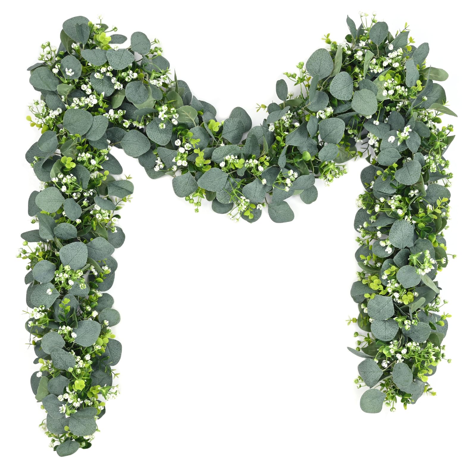 Waipfaru 2Pcs Eucalyptus Garland, 5.9FT Greenery Garland, Green Garland with Flowers, Artificial Faux Silver Dollar Eucalyptus L