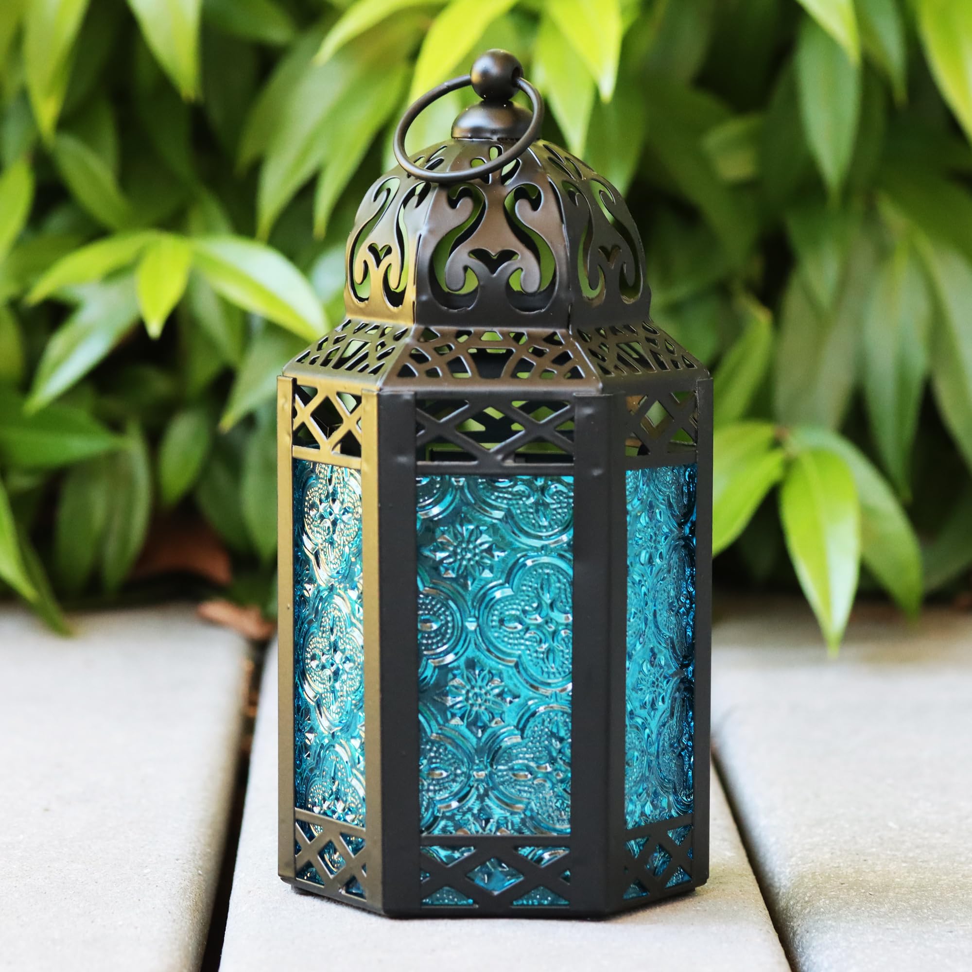 Small Black Metal Decorative Moroccan Lantern Candle Holder Lamp - Indoor/Outdoor, Home Decor, Patio, Weddings, Christmas, Blue