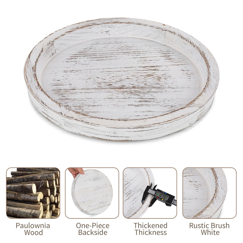 Hanobe Candle Plate Holder Tray: Round Wooden Decorative Candle Plate Small Farmhouse Table Centerpiece Rustic White Wood Tealig