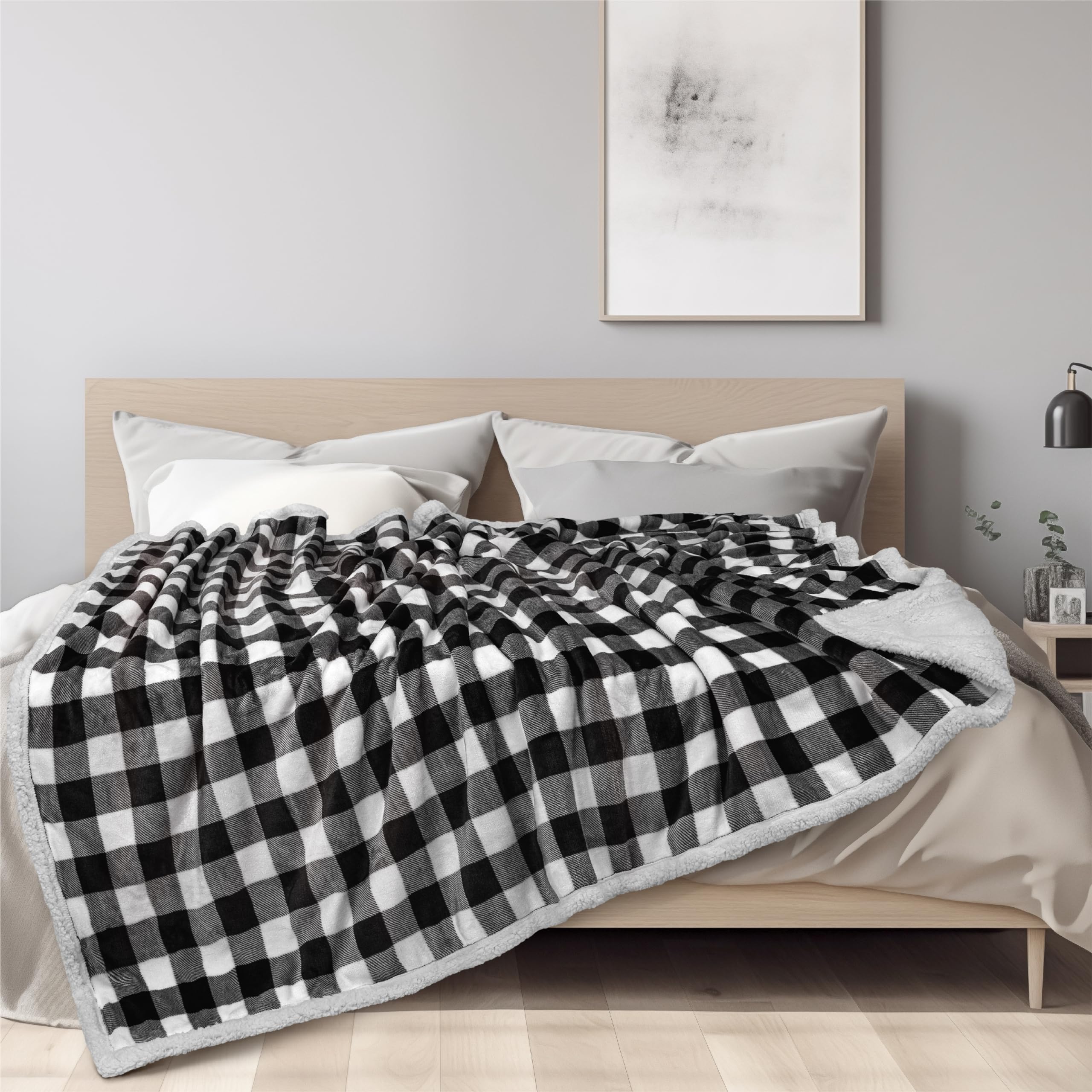 Pavilia Black And White Buffalo Plaid Sherpa Fleece Throw Blanket For Couch Twin, Soft Flannel Blanket For Sofa Bed, Checkered D