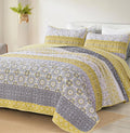 Boho Quilt Set Full Size, Yellow Bohemian Striped Patchwork Summer Bedspread Coverlet Set With 2 Pillowcases,Lightweight Microfi