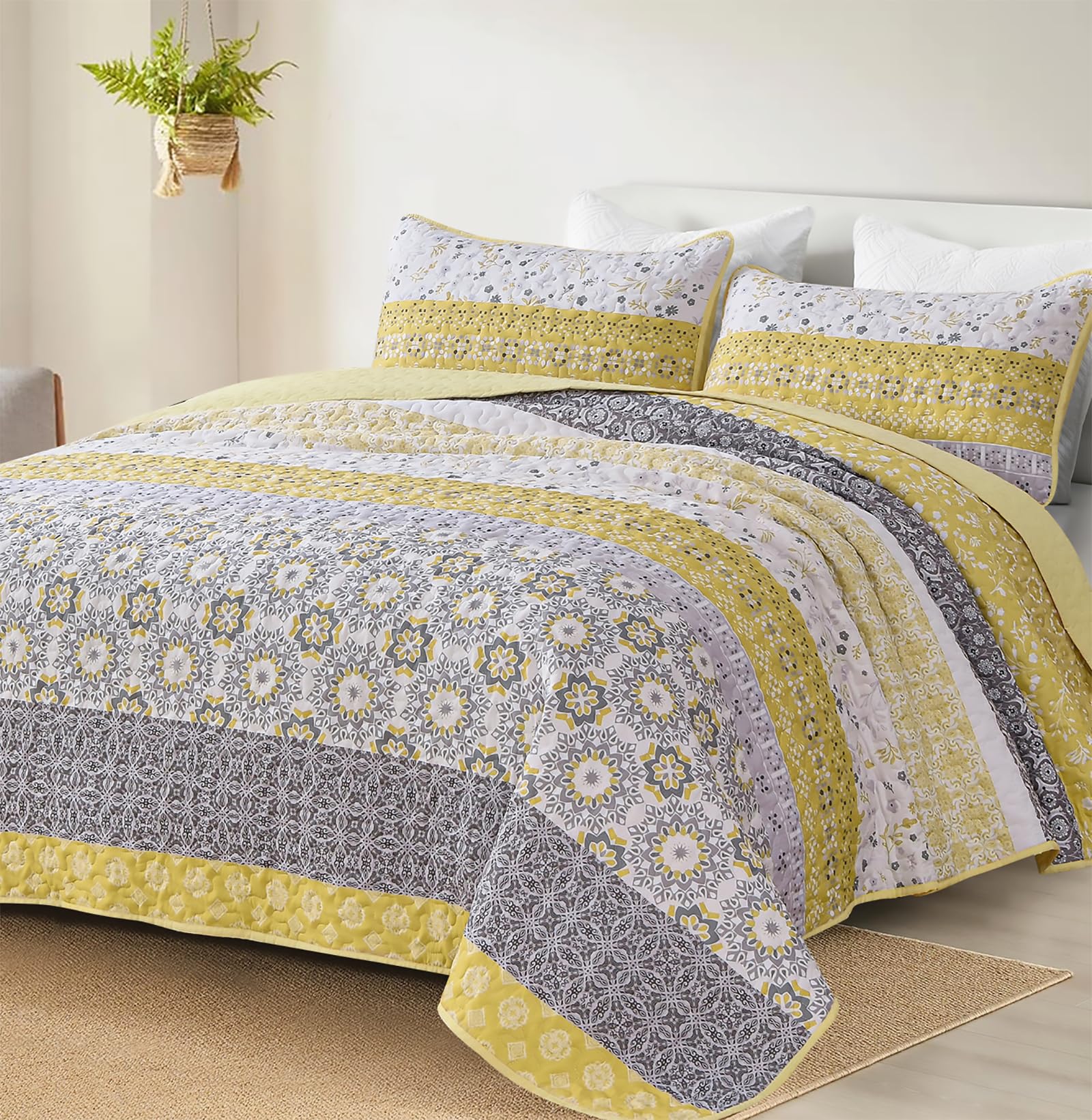 Boho Quilt Set Full Size, Yellow Bohemian Striped Patchwork Summer Bedspread Coverlet Set With 2 Pillowcases,Lightweight Microfi