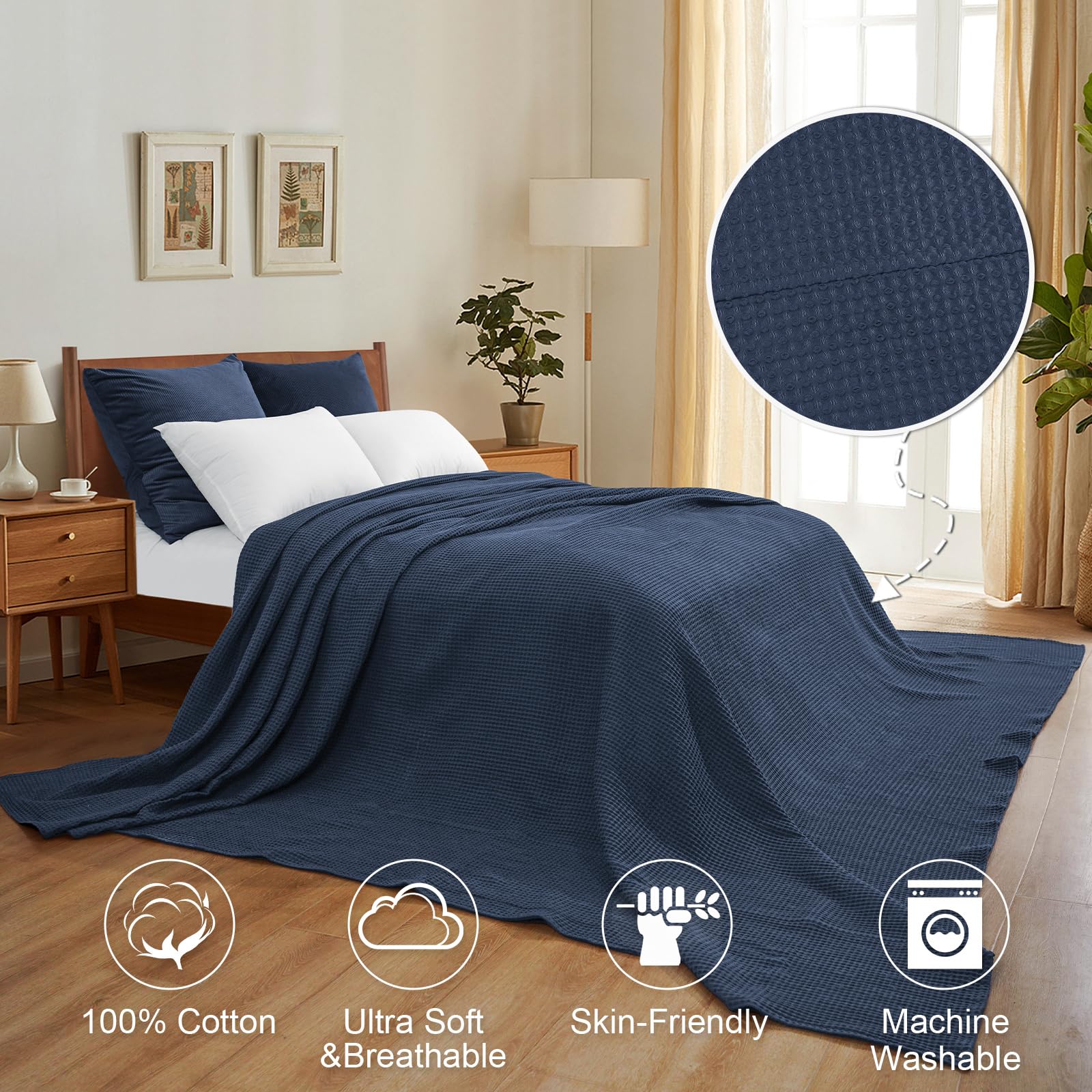 Phf 100% Cotton Waffle Weave Blanket California King Size 120'X 120'- Washed Soft Lightweight Breathable Oversize Huge Blanket For All Season- Extra Large Blanket For Couch Bed Sofa - Dark Navy