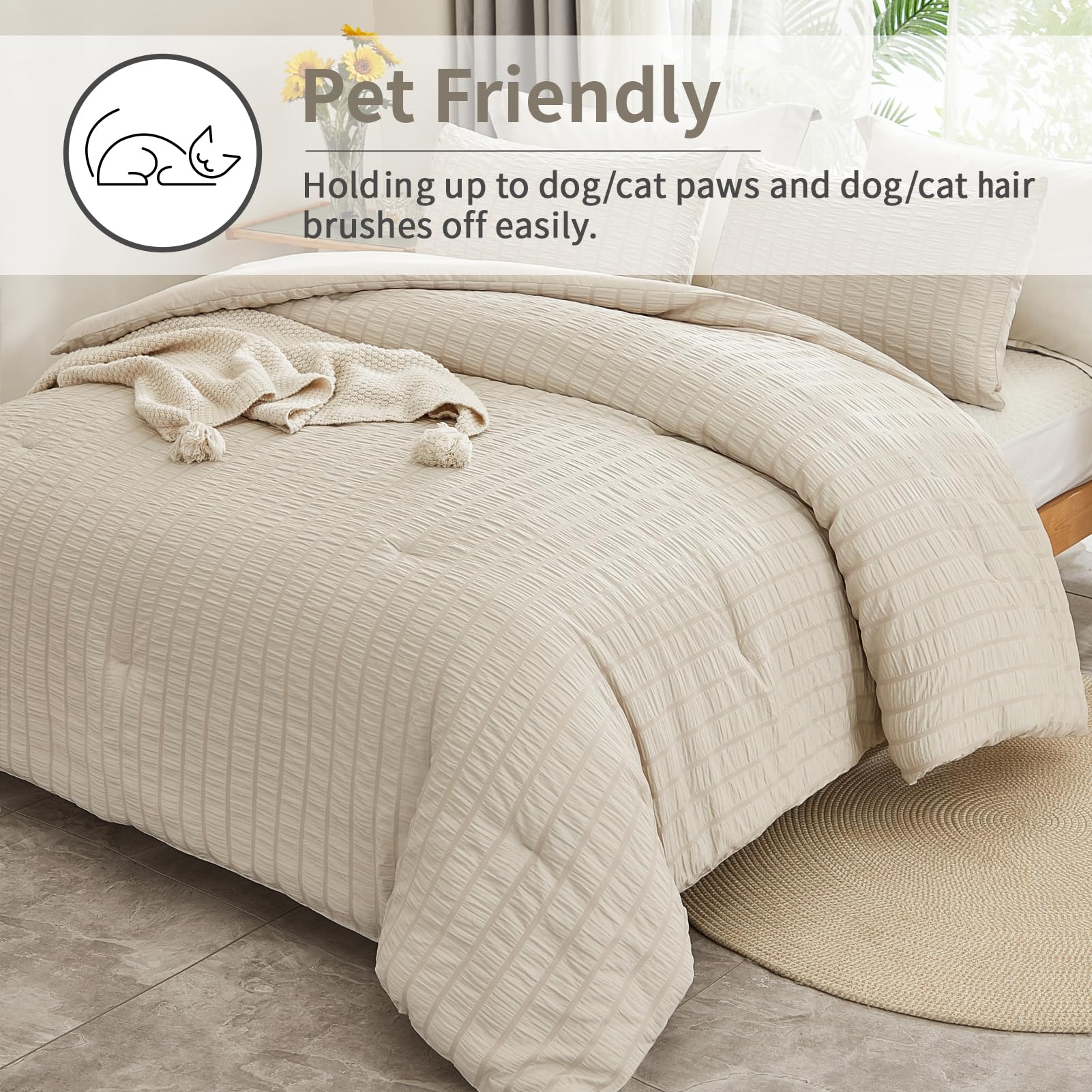 Avelom Beige Seersucker King Comforter Set (104X90 Inches), 3 Pieces-100% Soft Washed Microfiber Lightweight Comforter With 2 Pillowcases, All Season Down Alternative Comforter Set For Bedding