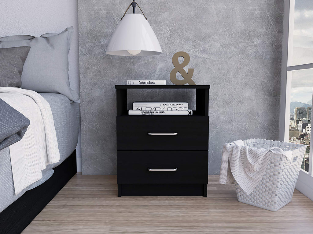 Depot E-Shop Salento Nightstand with Two Drawers, One Shelf, and Superior Top, 20" H, Black, Bedroom
