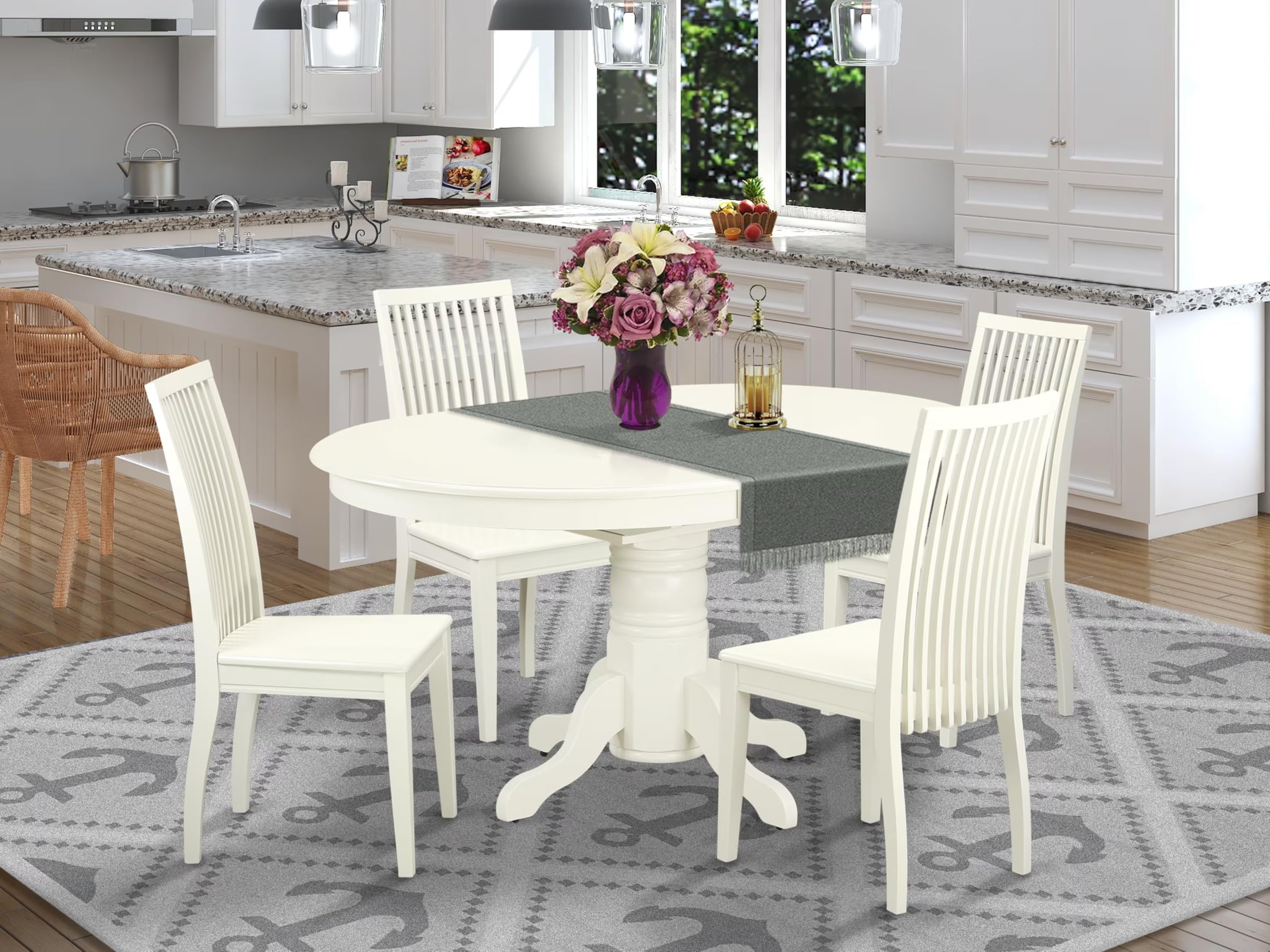 East West Furniture AVIP5-LWH-W 5 Piece Kitchen Table Set for 4 Includes an Oval Dining Room Table with Butterfly Leaf and 4 Dining Chairs, 42x60 Inch, Linen White