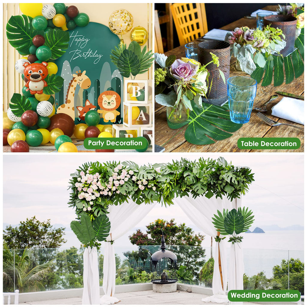 Quanqiufei 100 Pcs 9 Kinds Artificial Palm Leaves Tropical Fake Leaves, Monstera Leaf Gold Faux Leaves For Safari Jungle Hawaiia