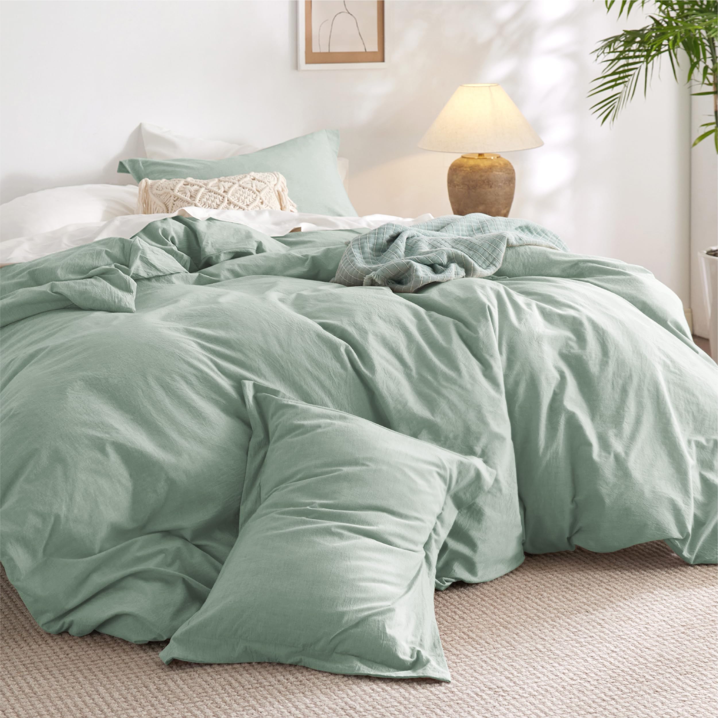 Bedsure 100% Washed Cotton Duvet Cover Queen - Sage Green Minimalist Cotton Duvet Cover Linen Like - 3 Pieces Gentlesoft™ Plain Simple Bedding Set With 2 Pillow Shams (Sage Green, Queen, 90'X90')