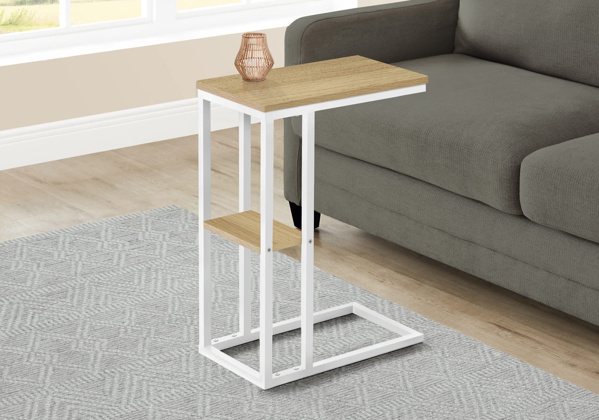 Monarch Specialties 3677 Accent Table, C-shaped, End, Side, Snack, Living Room, Bedroom, Metal, Laminate, Natural, White, Contemporary, Modern Table-25, 18.25&quot; L x 10.25&quot; W x 25.25&quot; H