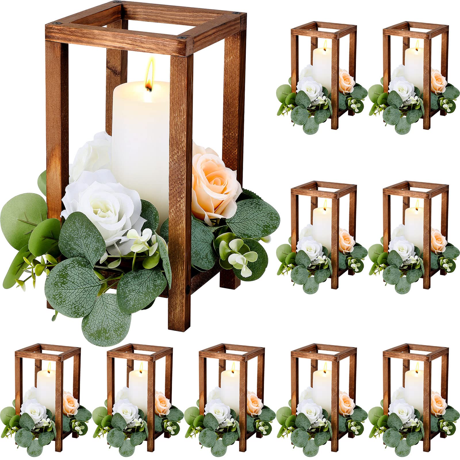 Geelin 10 Pcs Wooden Candle Lantern Wedding Lantern Centerpiece Lantern Candle Holder for Table Fireplace Lantern Decorative Far