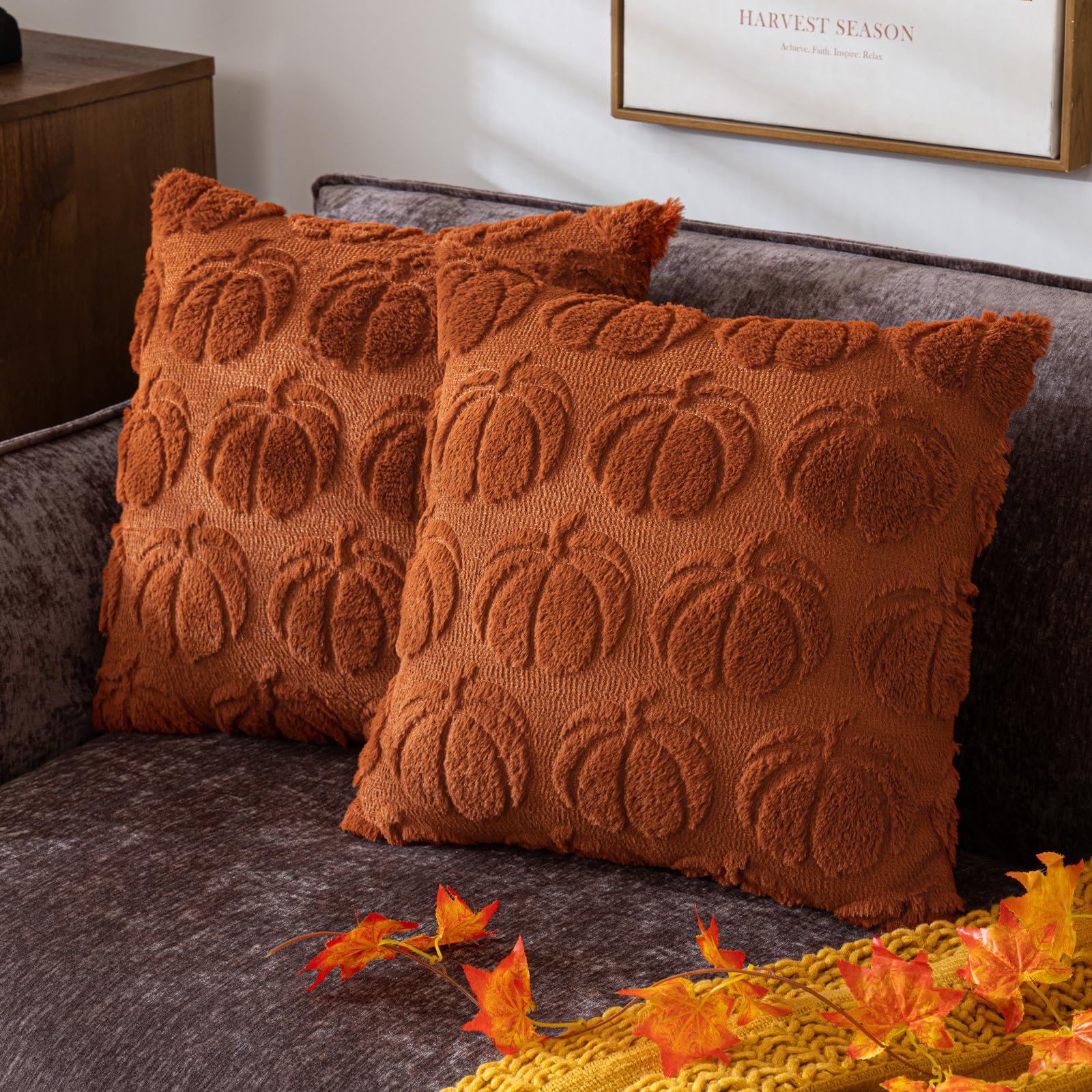 Cosibono Pumpkin Fall Decorative Throw Pillow Covers 18'X18', Set Of 2 Rust Red Soft Faux Fur Pillow Covers For Autumn Harvest