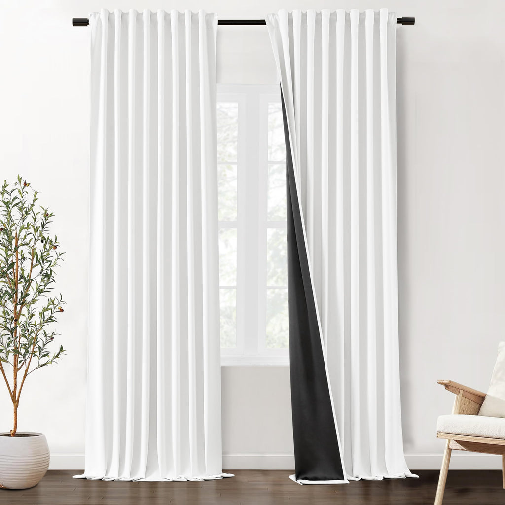 Shineland 102 Inch Long Curtains For Living Room,Back Tab Light Blocking White Blackout Curtains 102 Inches Long For Bedroom,Roo