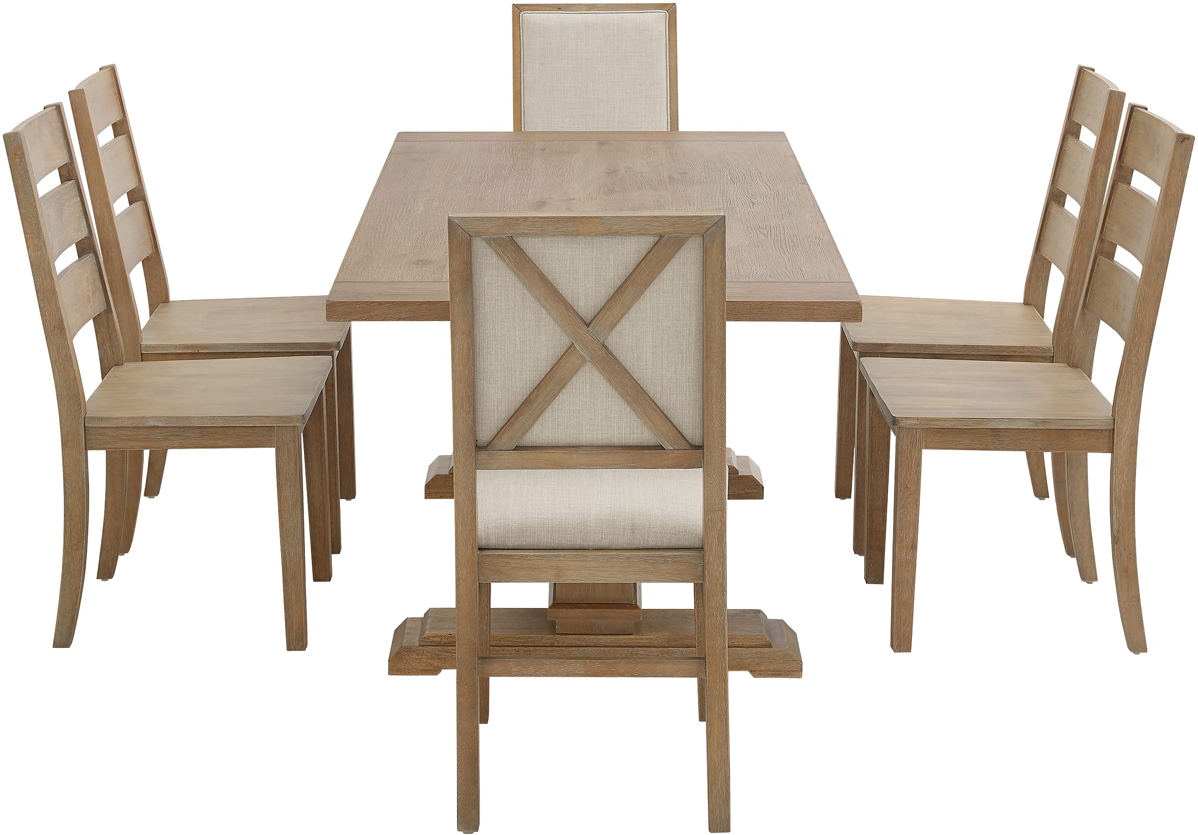 Crosley Furniture Joanna 7-Piece Modern Farmhouse Dining Table Set for 6 with 4 Ladderback and 2 Upholstered Chairs, Rustic Brown/Creme