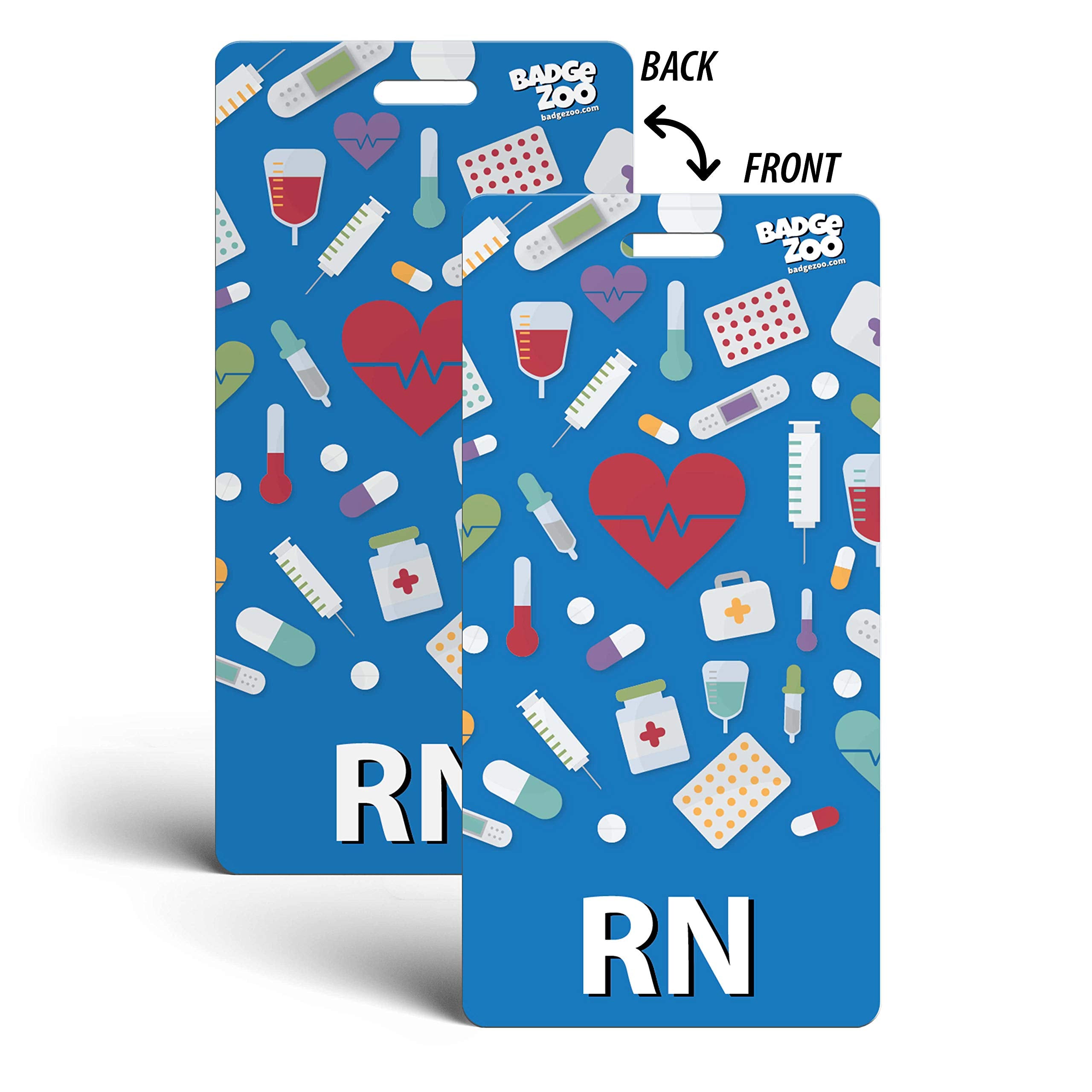 Rn Badge Buddy - Blue With Medical Icons - Vertical Badge Id Card For Registered Nurses - By Badgezoo