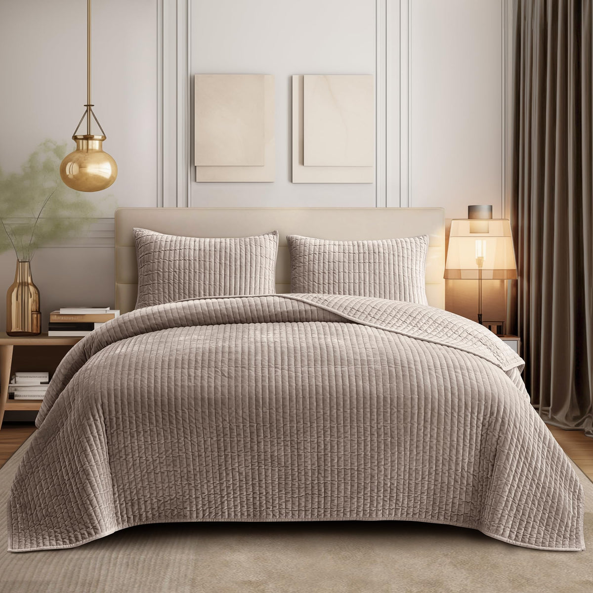 Shalala Velvet Quilt Queen Size,Striped Bedding Set,Lightweight Velvet Comforter,Luxurious Suede Bedspread And Coverlet With Sof