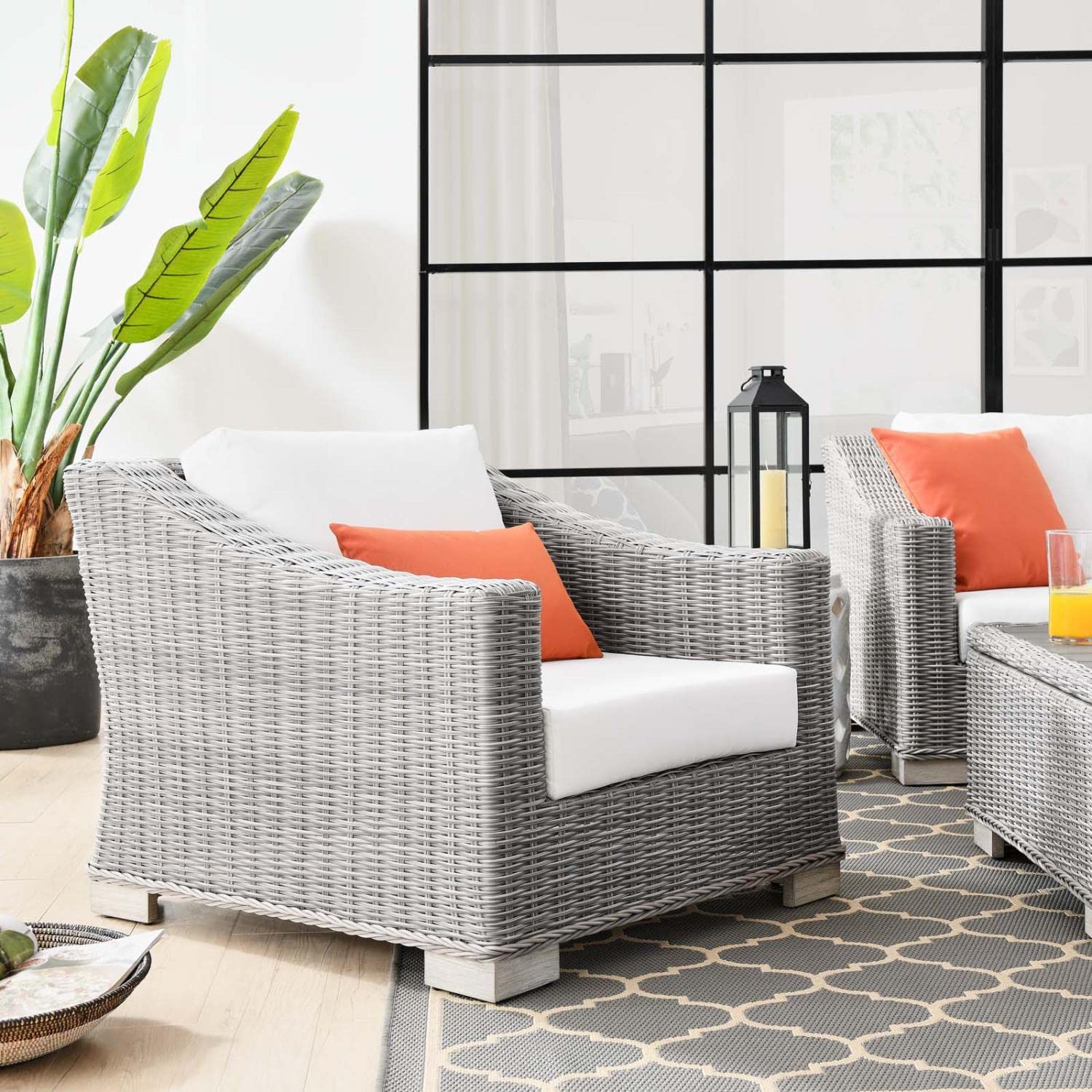 Conway Outdoor Patio Wicker Rattan Armchair in Light Gray White