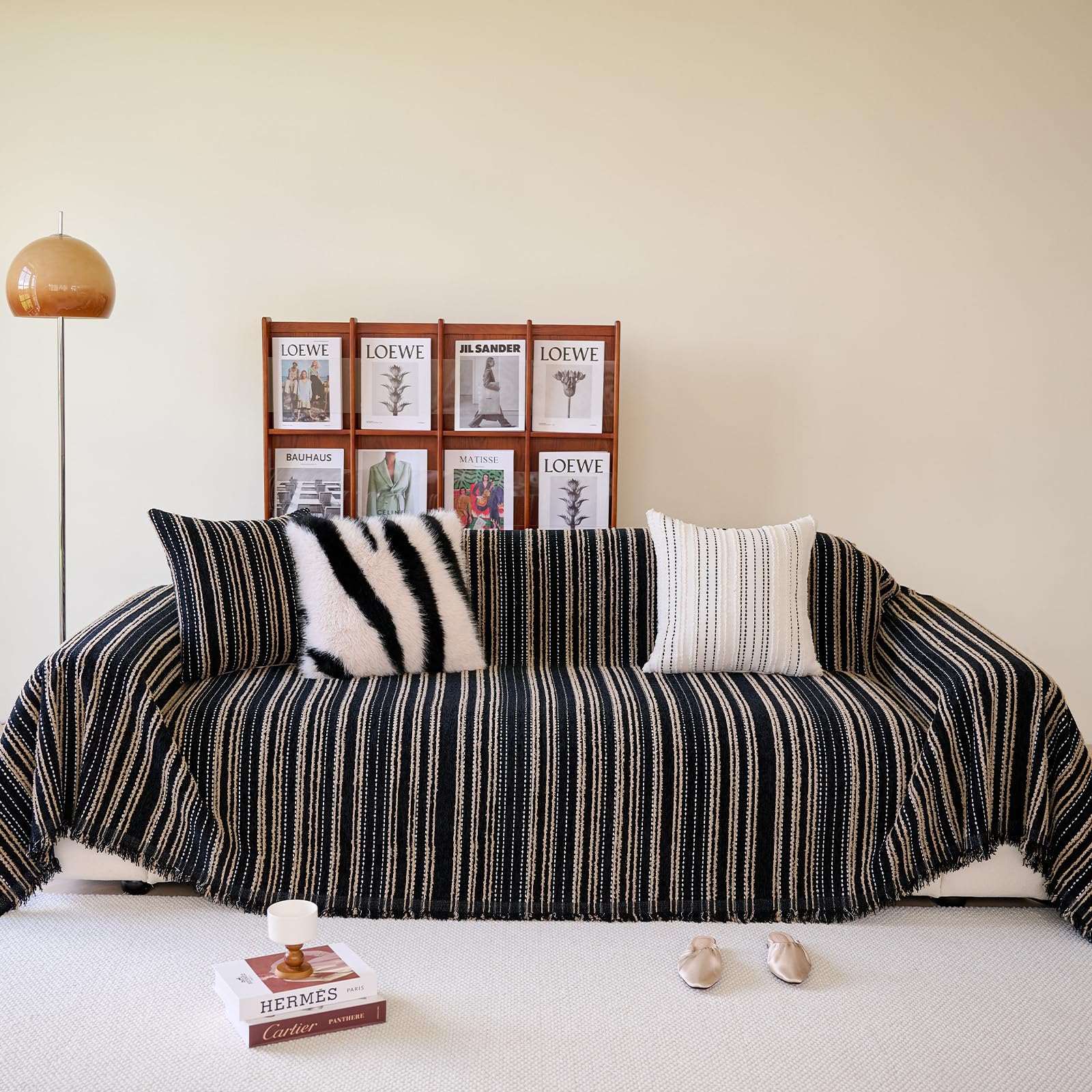 HANDONTIME Couch Covers for Sofa Black Sofa Cover for 3 Cushion Sofa with Tassel Khaki Jacquard Striped Chenille Sofa Covers Was