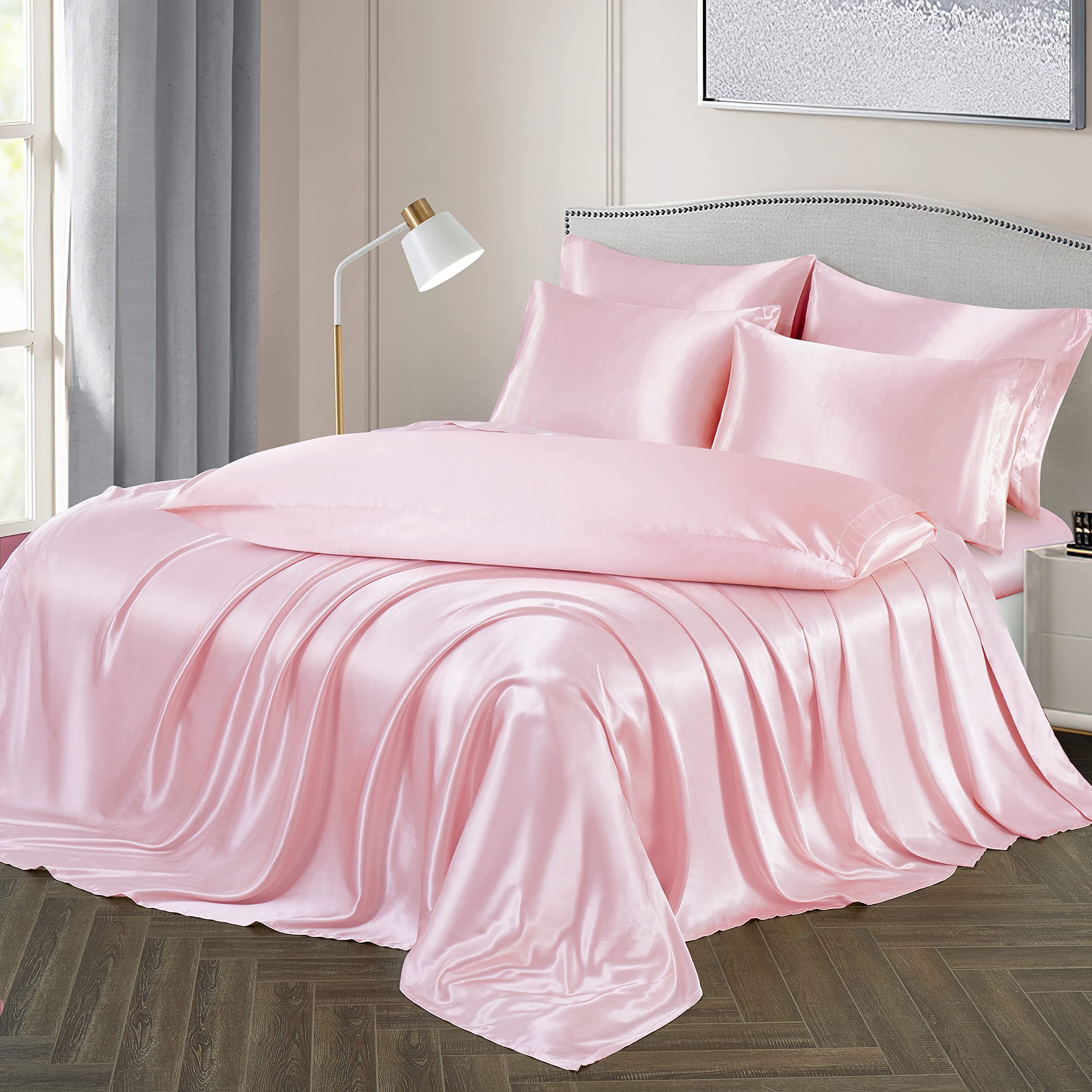 Ersmak 7 Pieces Satin Sheets Set Full Size, Luxury Silky Blush Pink Satin Bed Sheets Set With 1 Deep Pocket Fitted Sheet, 1 Soft