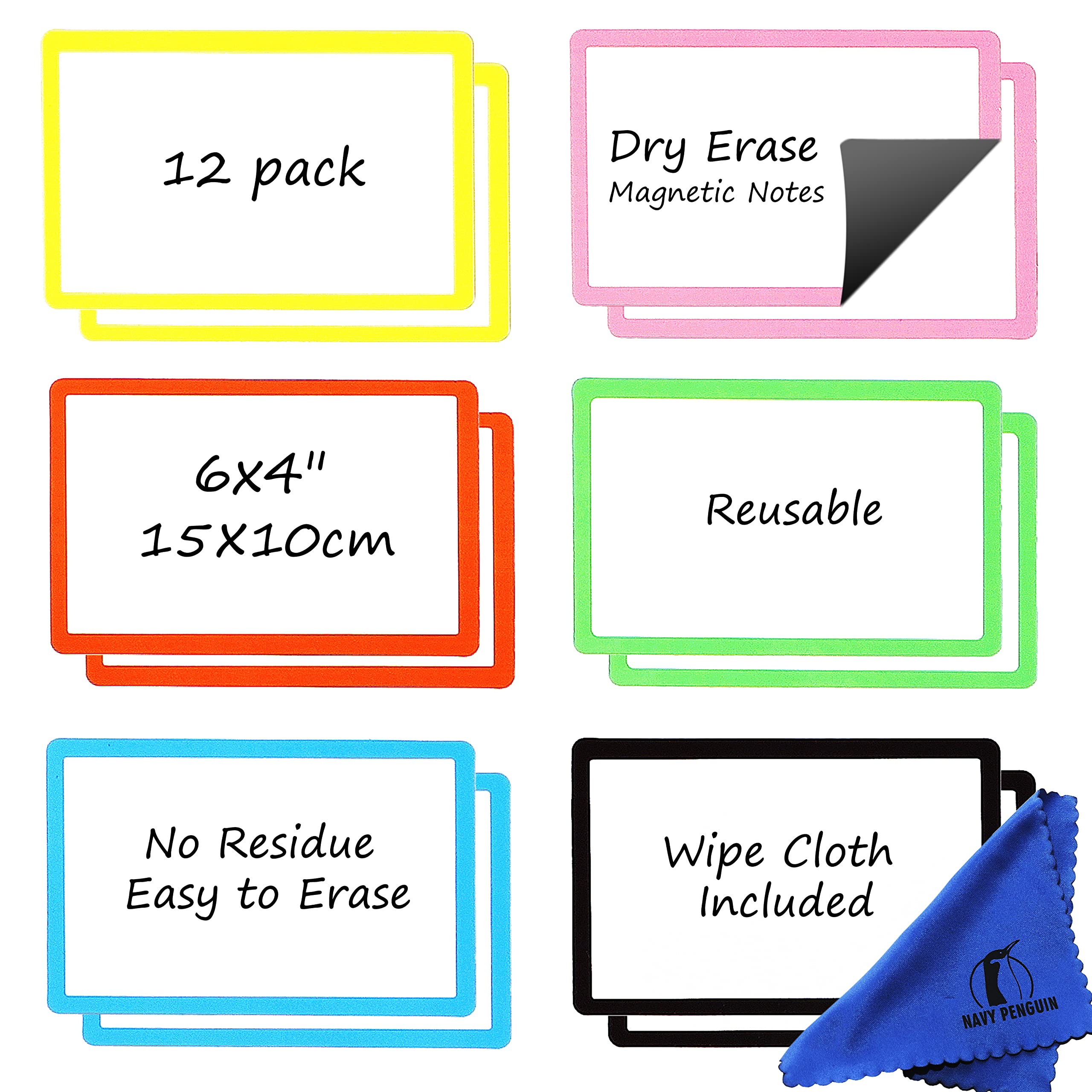 Dry Erase Magnets Set - 12 Pack - 6X4' Whiteboard Magnetic Planning Pads Labels - Small White Board Magnet Strips Name Tags For