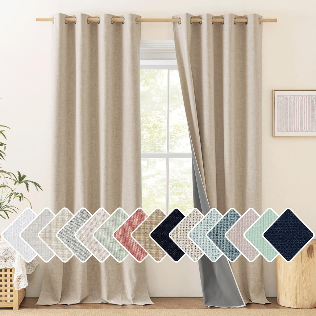 Nicetown Farmhouse Style 100% Blackout Oatmeal Linen Curtains 90 Inches Length, 2 Panels, 52' W, Room Cooling Window Draperies With Thermal Insulated Liners For Dining Room