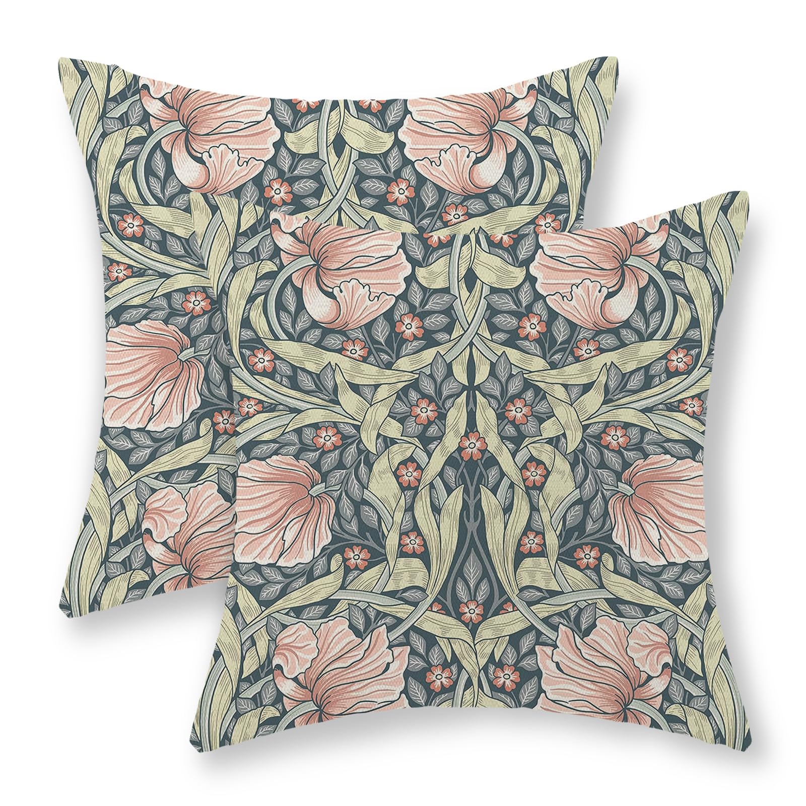 Jeferso Green Pink Floral Pillow Covers 18X18 Set Of 2 William Morris Throw Pillows Vintage Botanical Flower Art Decorative Pill