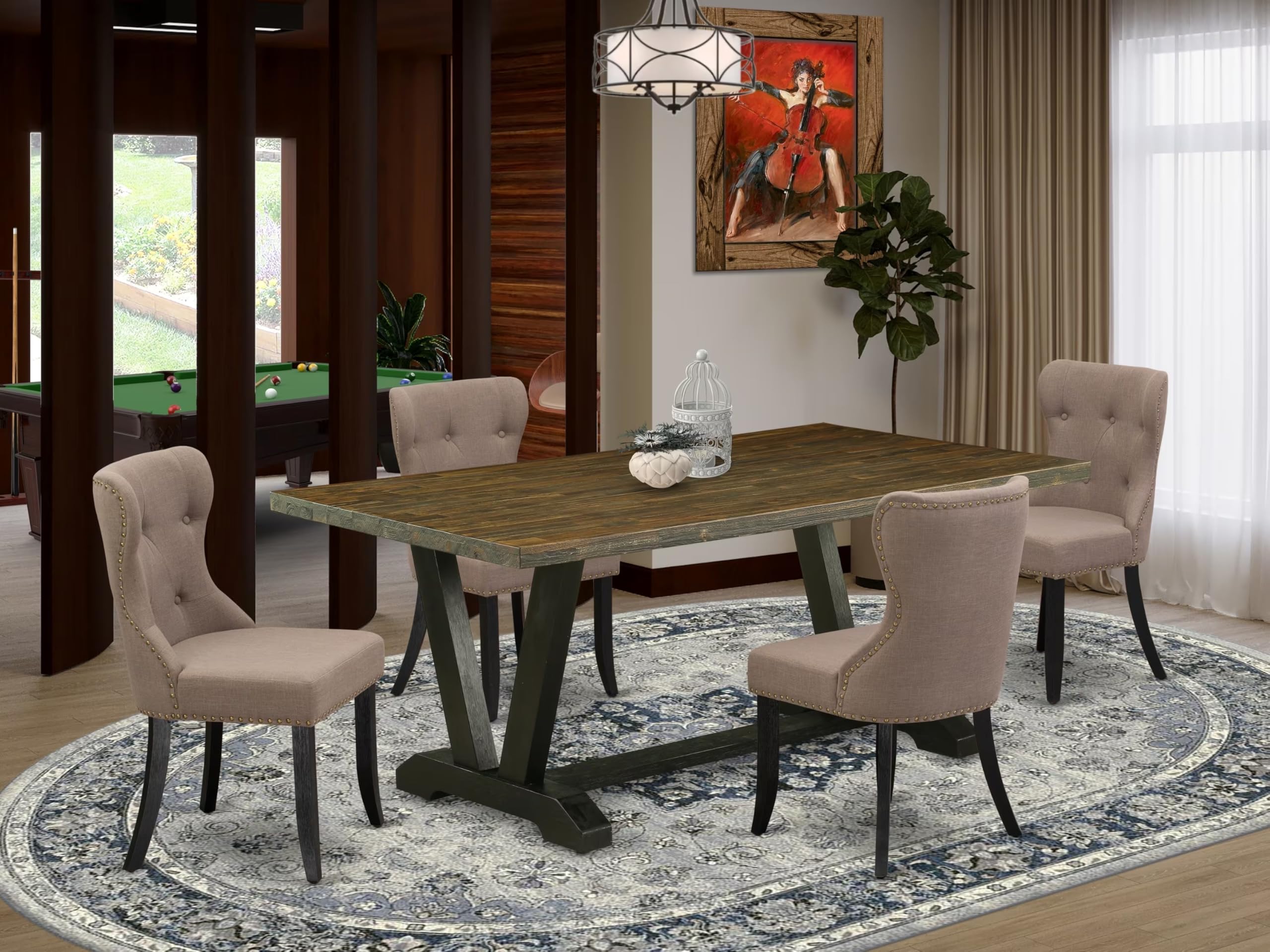 East West Furniture V677Si648-5 5 Piece Dining Room Table Set Includes A Rectangle Kitchen Table With V-Legs And 4 Coffee Linen Fabric Parson Dining Chairs, 40X72 Inch, Multi-Color