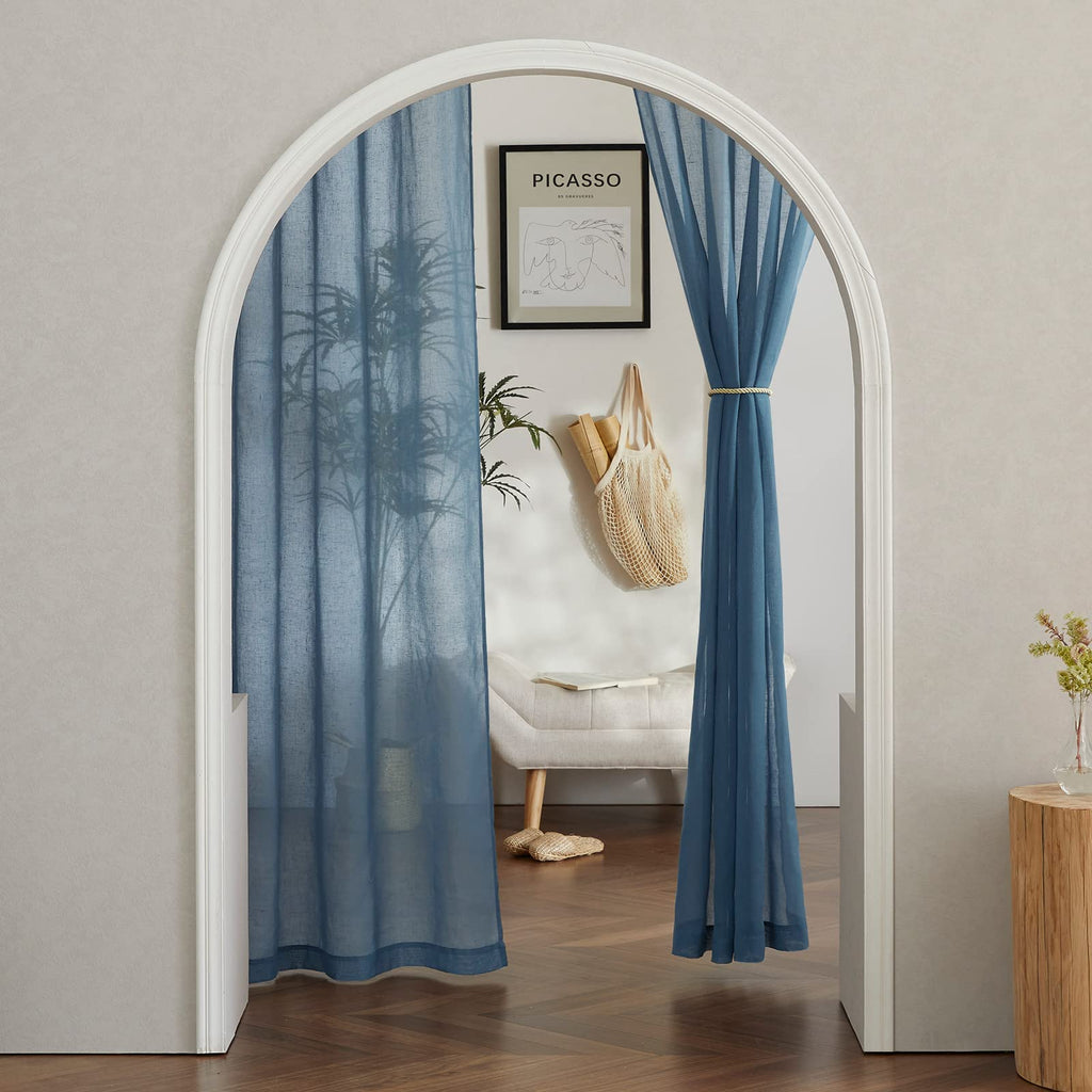 Nicetown Flax Linen Sheer Curtains For Living Room, (Stone Blue) Grommet Vertical Drapes Semi Sheer Linen Curtains Privacy With