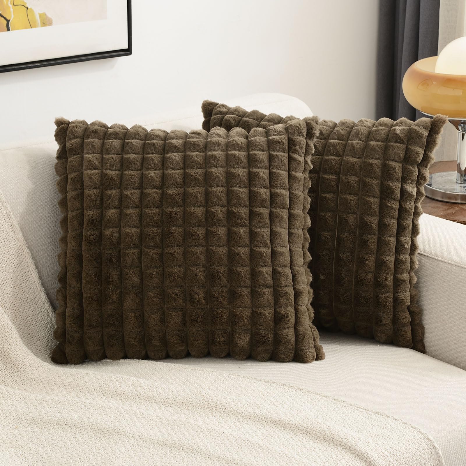 Futei Tan Decorative Throw Pillow Covers 14X14 Inch Set Of 2,Square Cushion Case,Fluffy Faux Rabbit Fur Plaid & Soft Velvet Back