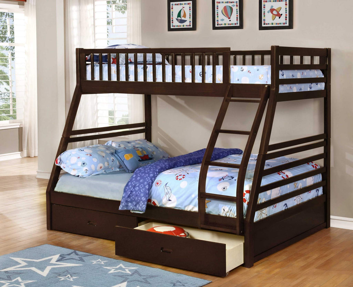 78'.75' X 42'.5-57'.25' X 65' Brown Manufactured Wood and Solid Wood Twin/Full Bunk Bed with 2 Drawers